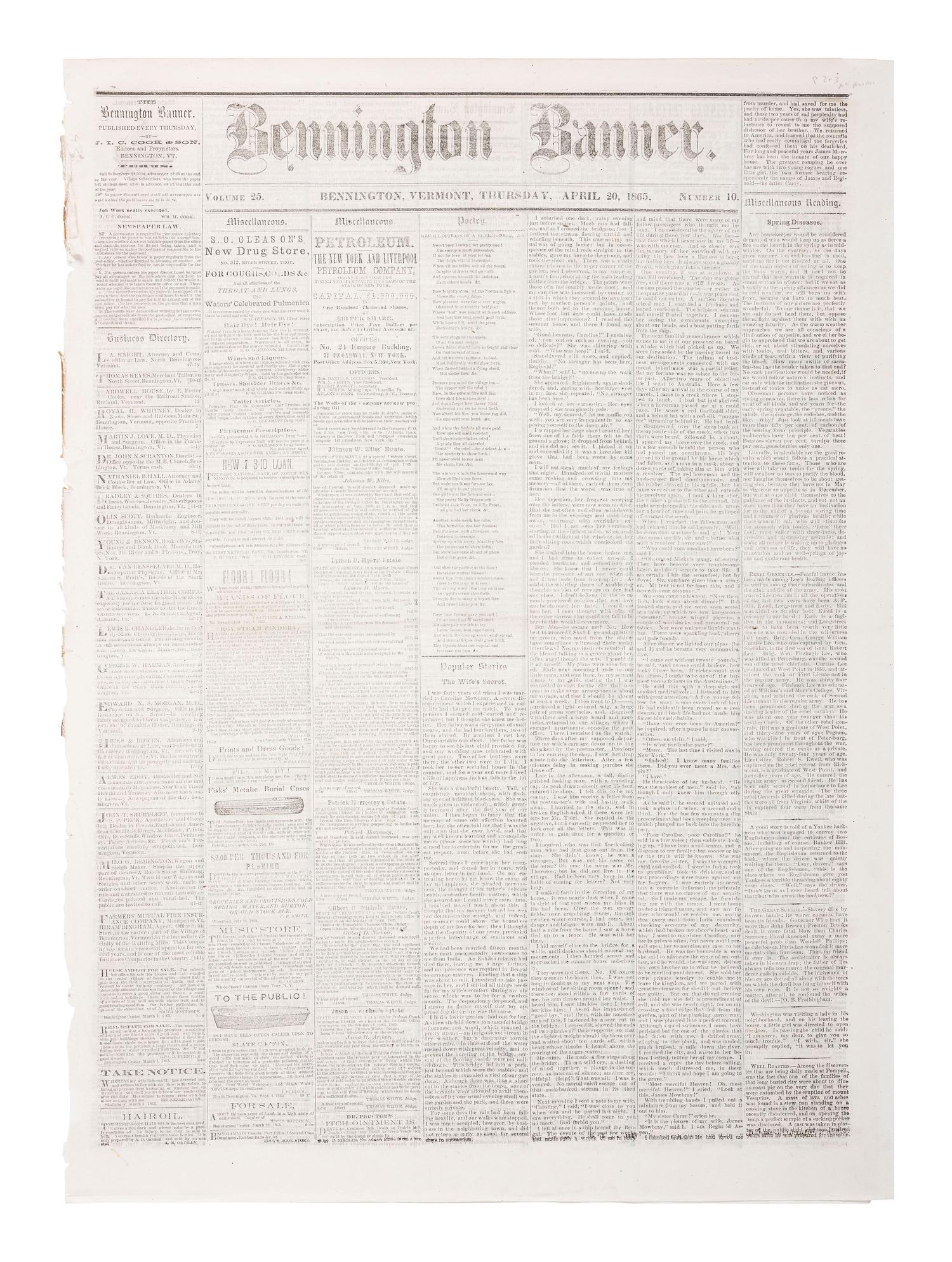 [LINCOLNIANA]. Bennington Weekly Banner . Vol. 25, No. 10. Bennington, VT: J.I.C. Cook & Son, 20 April 1865. Contains first reports of the assassination of Abraham Lincoln by John Wilkes Booth.