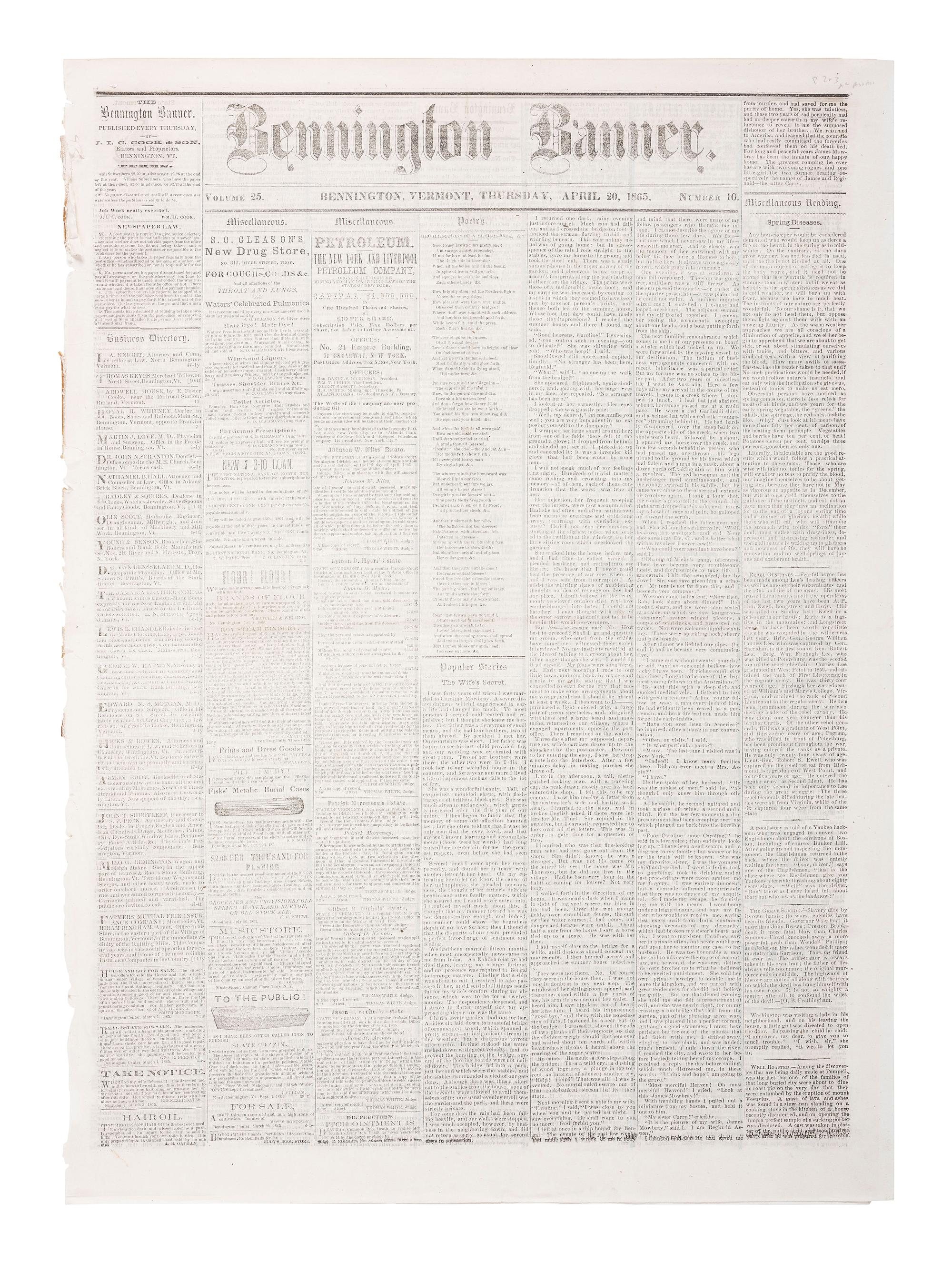 [LINCOLNIANA]. Bennington Weekly Banner . Vol. 25, No. 10. Bennington, VT: J.I.C. Cook & Son, 20 April 1865. Contains first reports of the assassination of Abraham Lincoln by John Wilkes Booth.