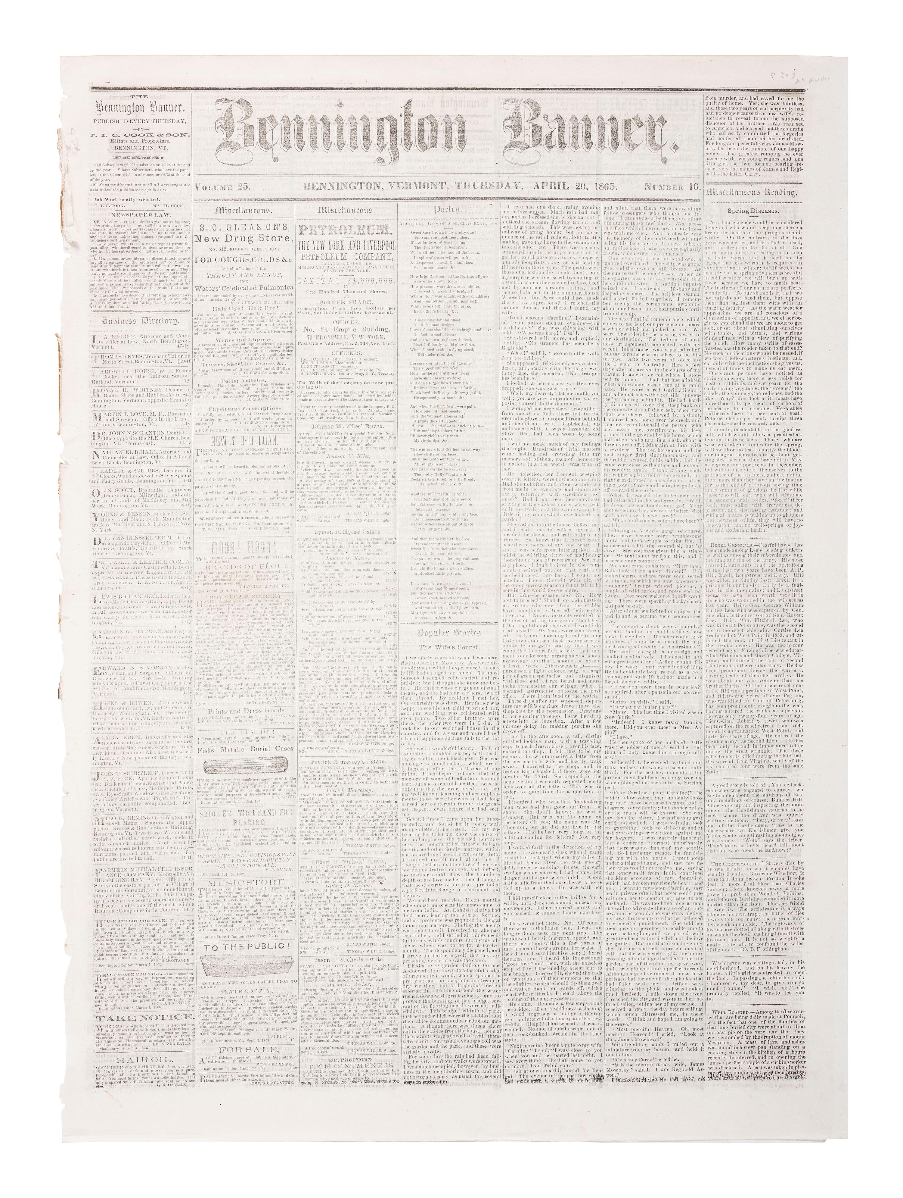 [LINCOLNIANA]. Bennington Weekly Banner . Vol. 25, No. 10. Bennington, VT: J.I.C. Cook & Son, 20 April 1865. Contains first reports of the assassination of Abraham Lincoln by John Wilkes Booth.