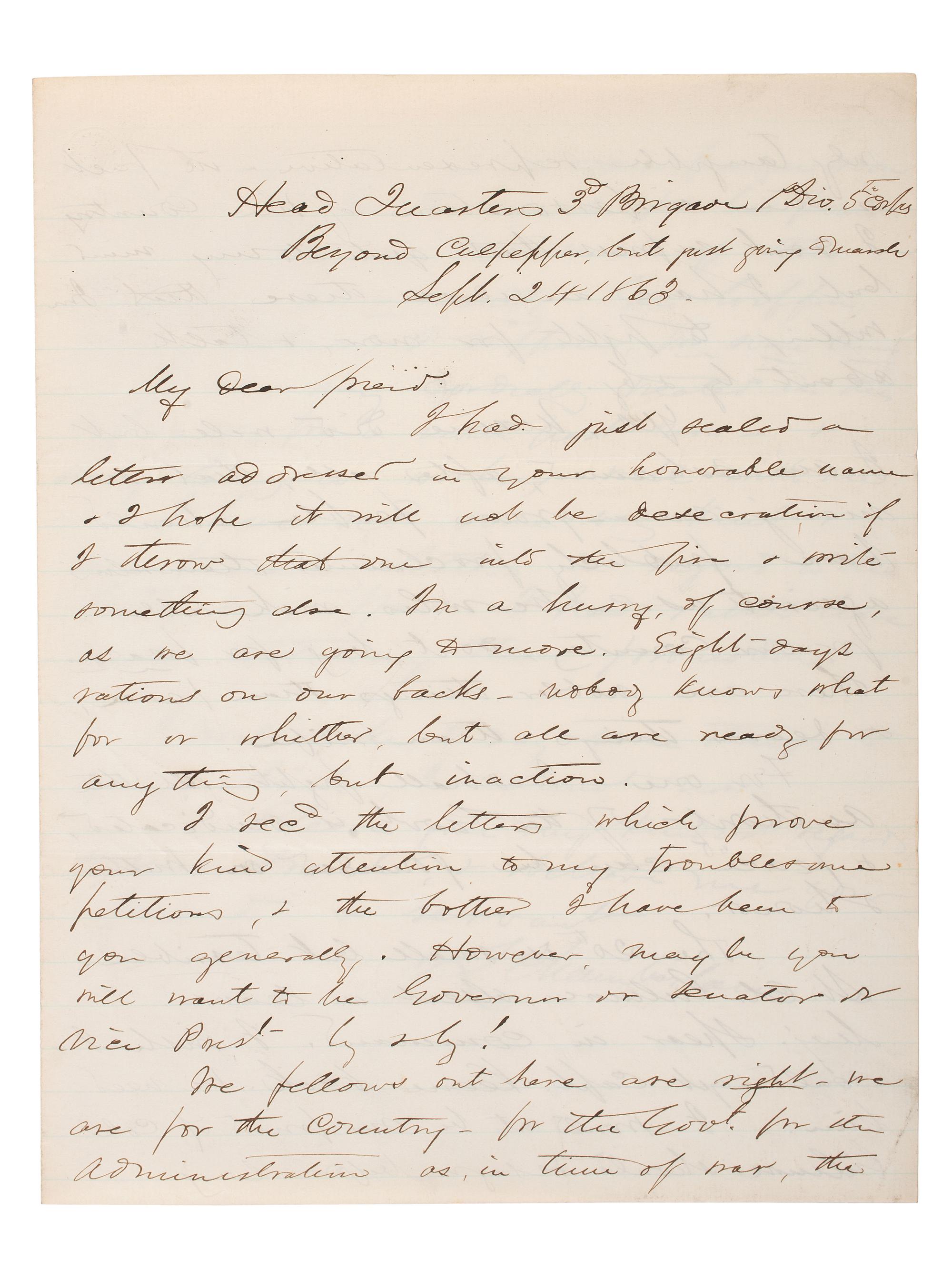 [CIVIL WAR]. [CHAMBERLAIN, Joshua L. (1828-1914)]. Autograph letter signed ("J.L. Chamberlain"). "Beyond Culpepper..." 24 September 1863.