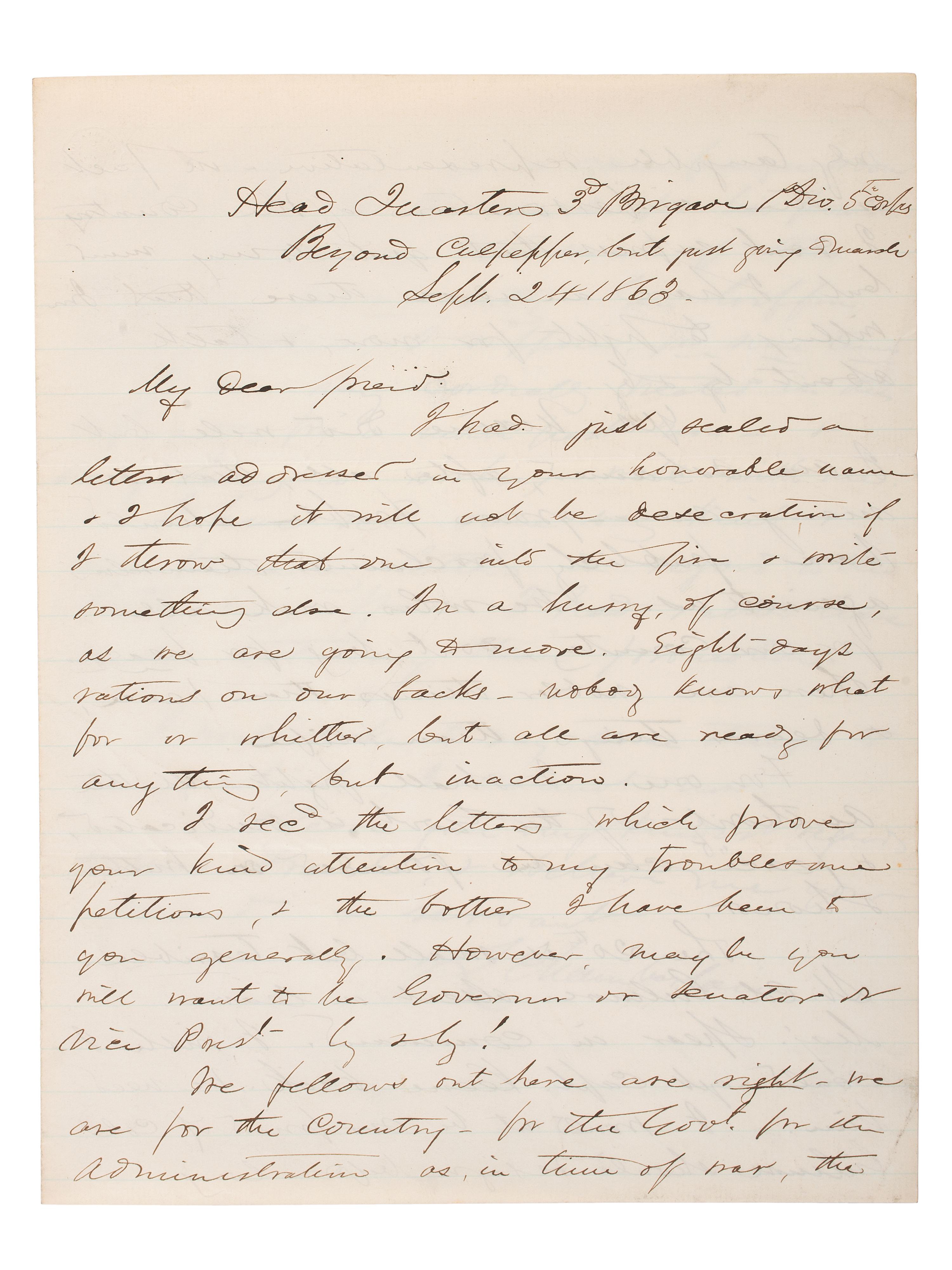 [CIVIL WAR]. [CHAMBERLAIN, Joshua L. (1828-1914)]. Autograph letter signed ("J.L. Chamberlain"). "Beyond Culpepper..." 24 September 1863.