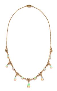 A 14 Karat Yellow Gold, Opal and Diamond Fringe Necklace, 6.70 dwts.