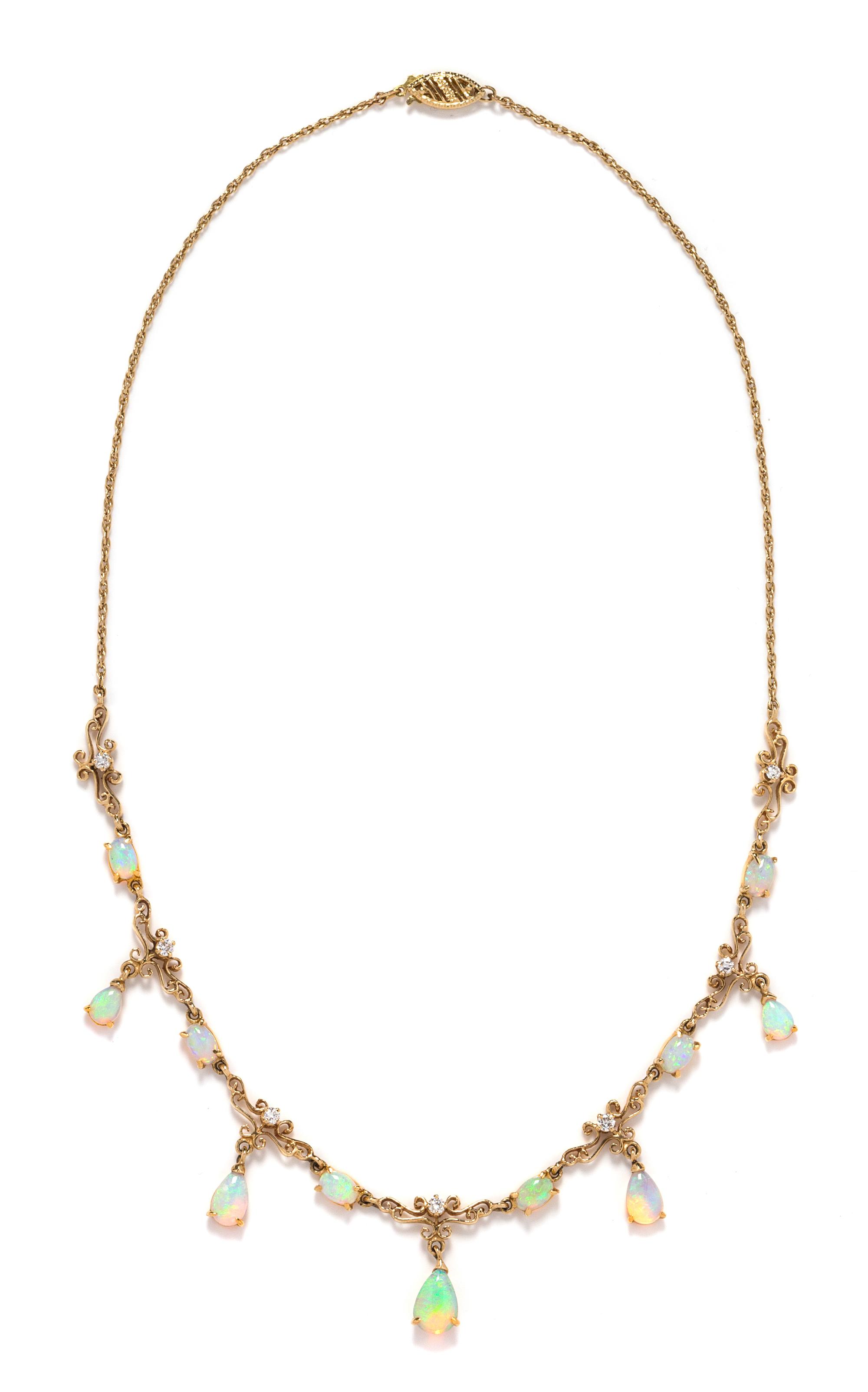 A 14 Karat Yellow Gold, Opal and Diamond Fringe Necklace, 6.70 dwts.