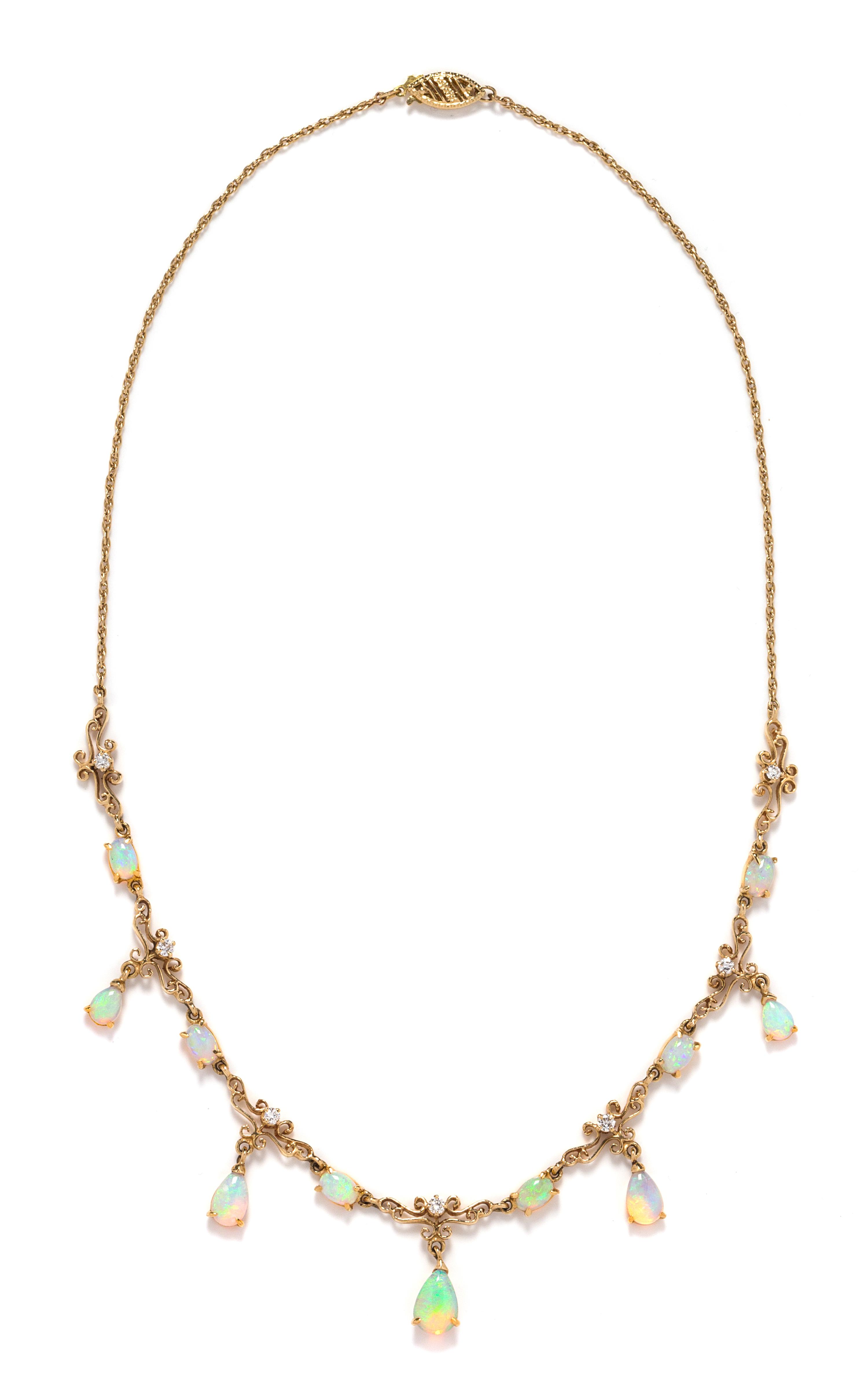 A 14 Karat Yellow Gold, Opal and Diamond Fringe Necklace, 6.70 dwts.