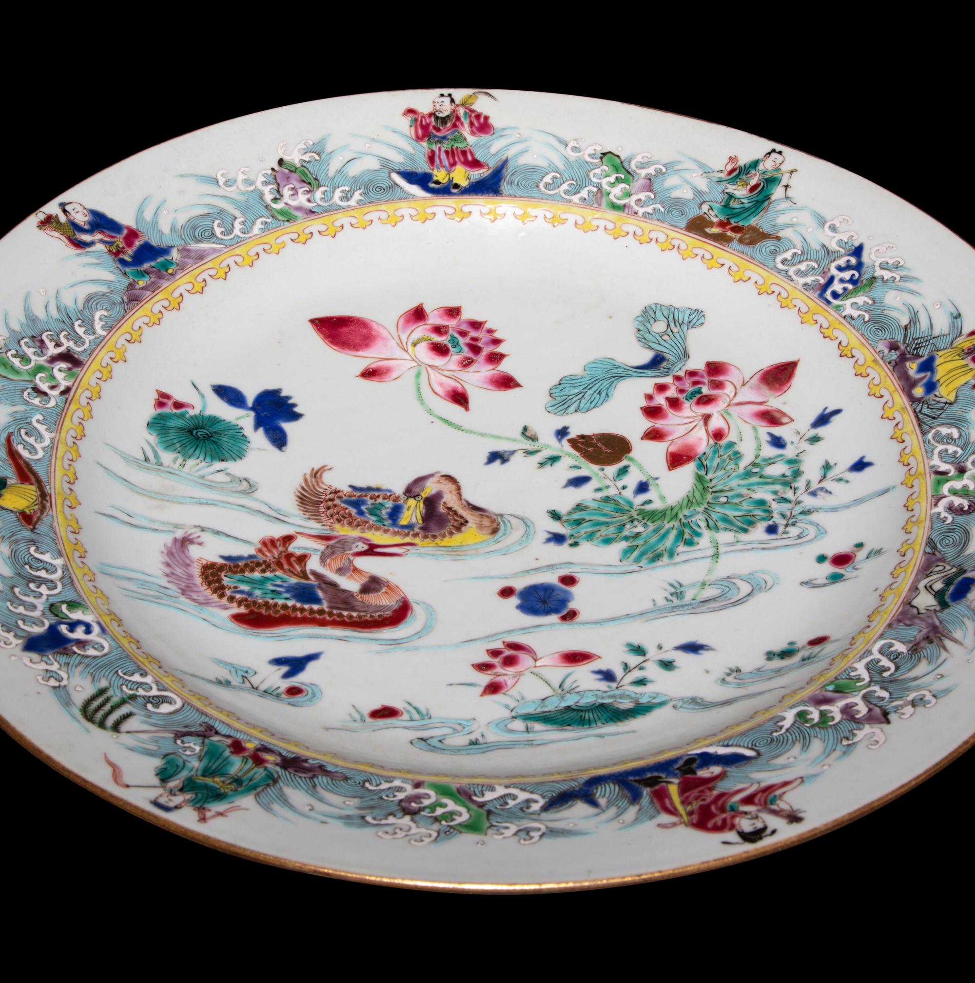 Three Chinese Export Porcelain "Mandarin Ducks and Immortals" Dishes, 18th Century — 清中期 外銷粉彩蓮塘雙鴨圖賞盤三件