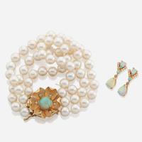 A group of gold pearl and opal jewelry