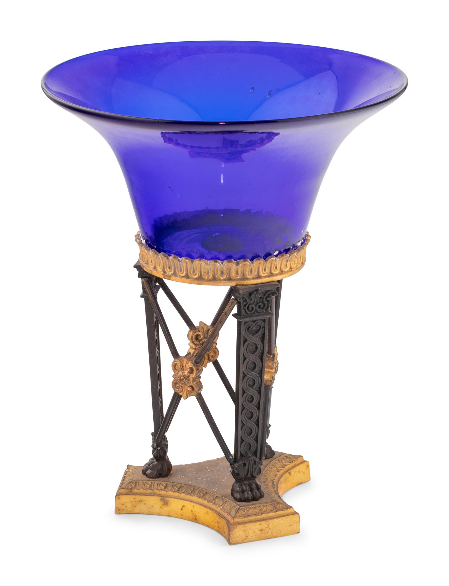 An Empire Style Gilt and Patinated Bronze and Cobalt Glass Centerpiece