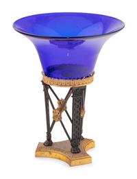An Empire Style Gilt and Patinated Bronze and Cobalt Glass Centerpiece