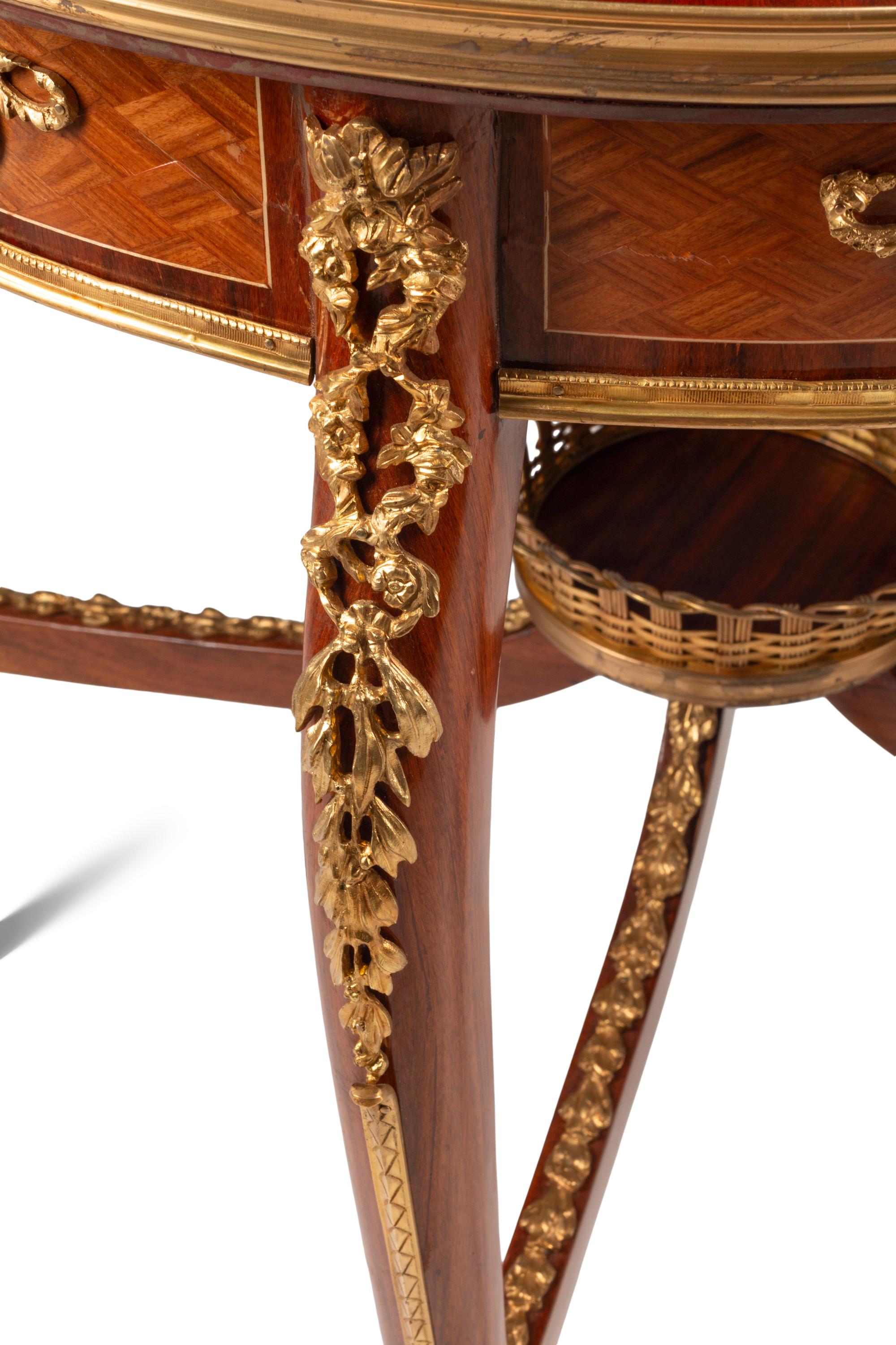 A Pair of Louis XV Style Gilt Bronze Mounted Marquetry Side Tables