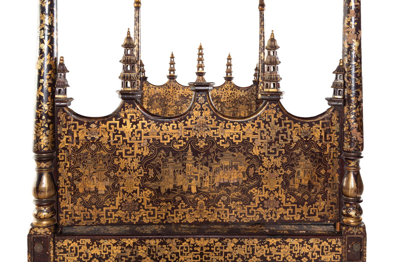 A Chinese Export Brown and Gold Lacquer Four-Post Canopy Bed