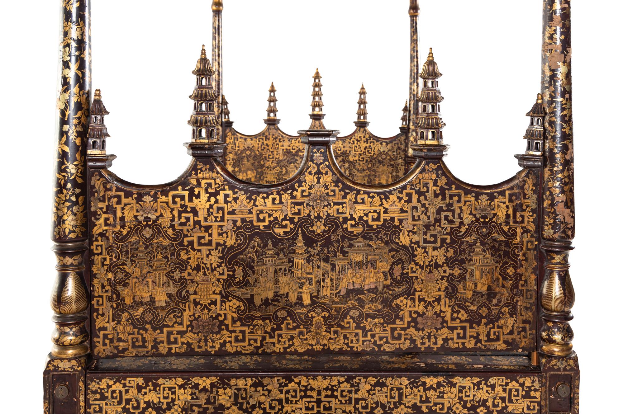 A Chinese Export Brown and Gold Lacquer Four-Post Canopy Bed