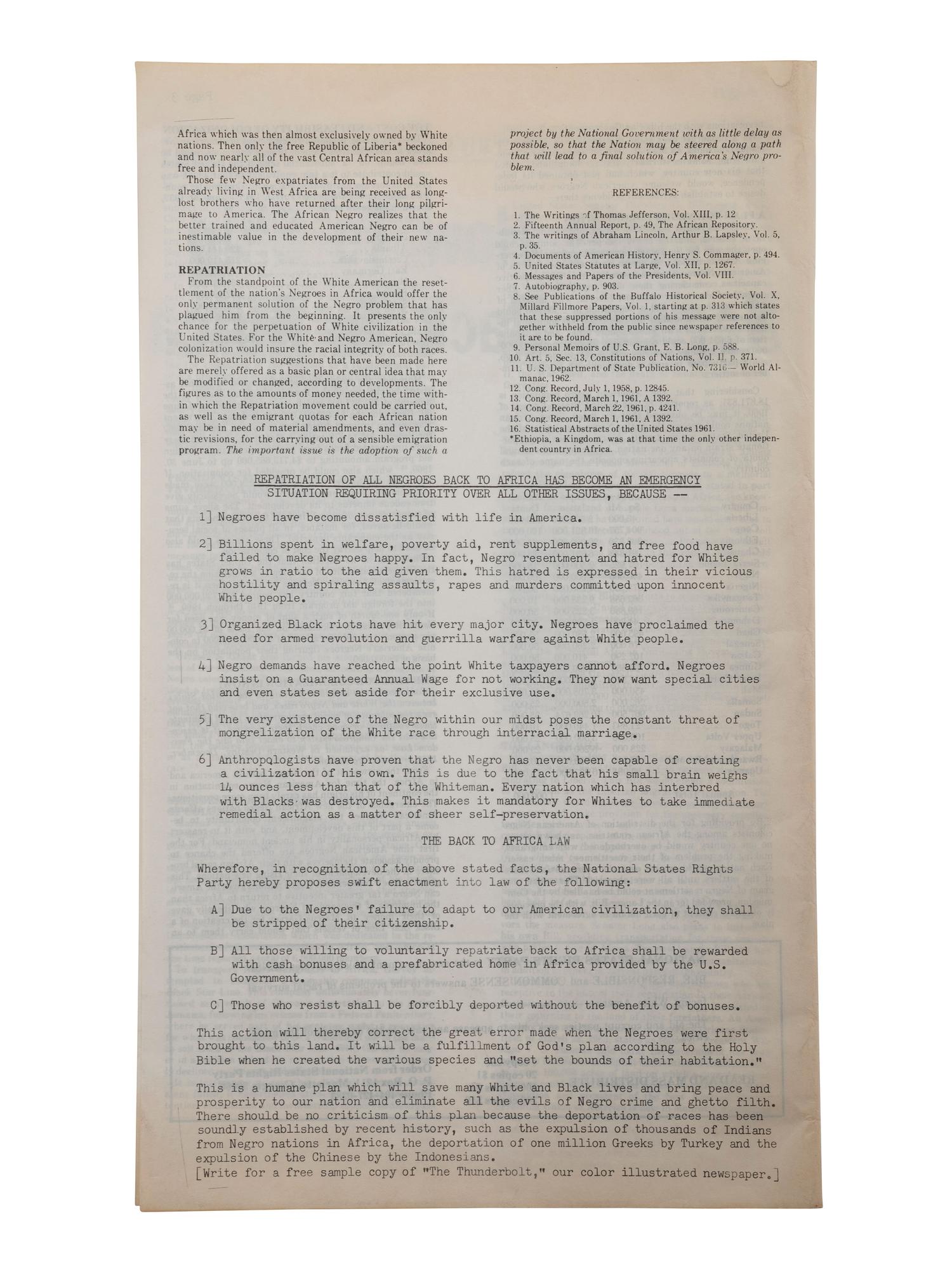 [POLITICS - RACISM]. A group of 2 leaflets issued by the National States Rights Party for colonization of African Americans.