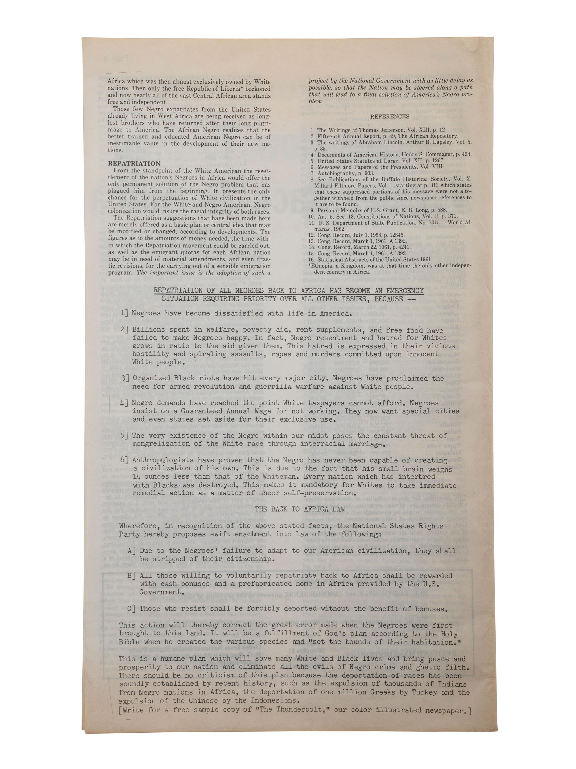 [POLITICS - RACISM]. A group of 2 leaflets issued by the National States Rights Party for colonization of African Americans.