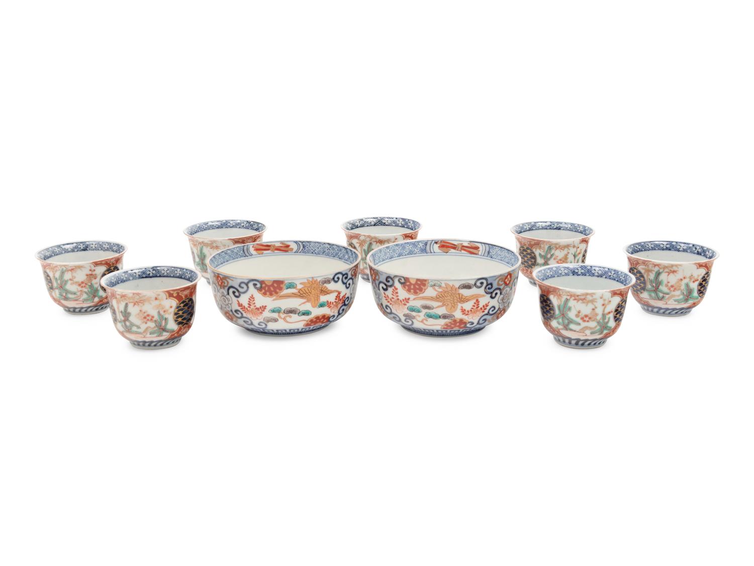 A Set of Nine Imari Palette Porcelain Teacups