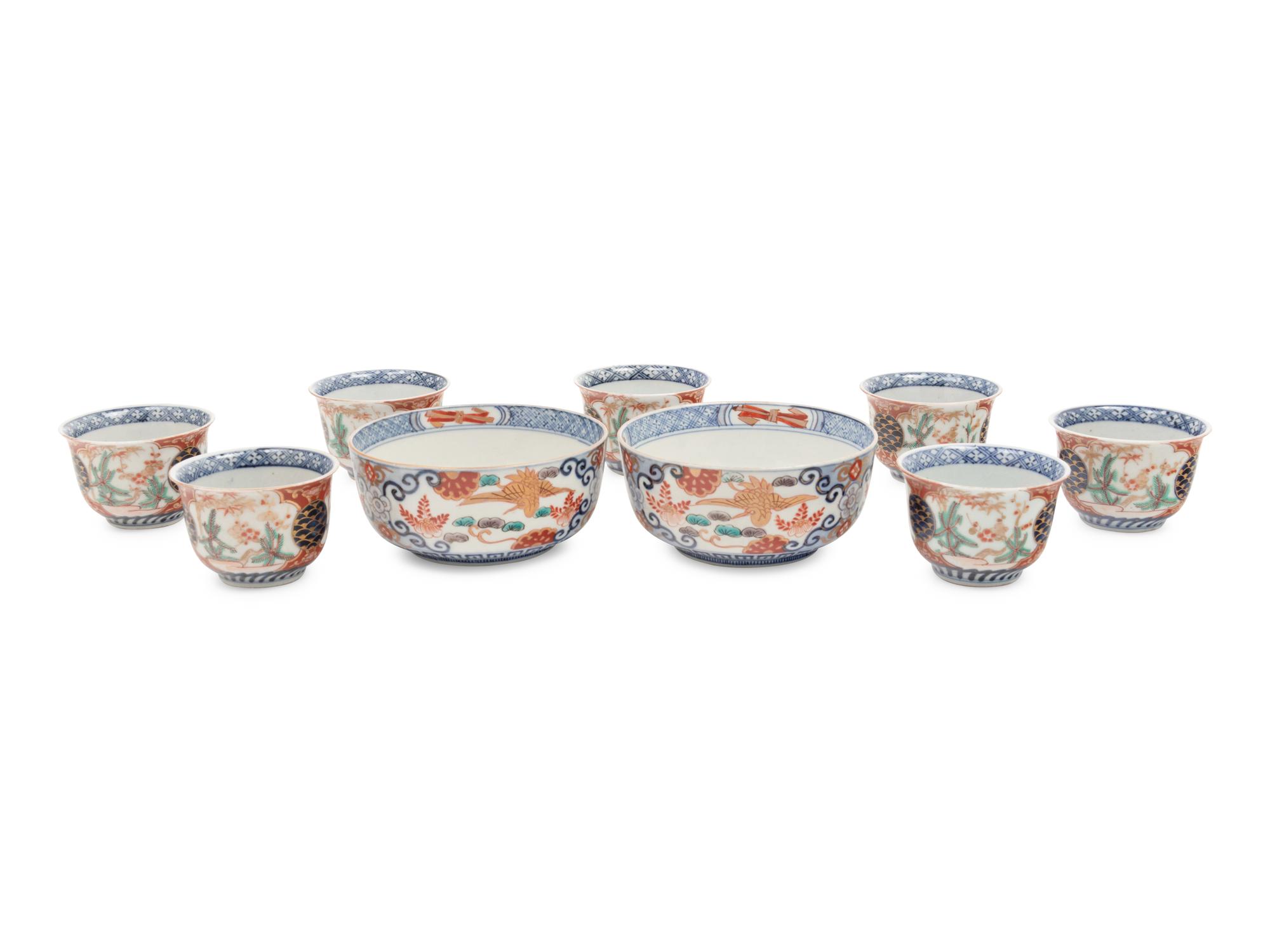 A Set of Nine Imari Palette Porcelain Teacups