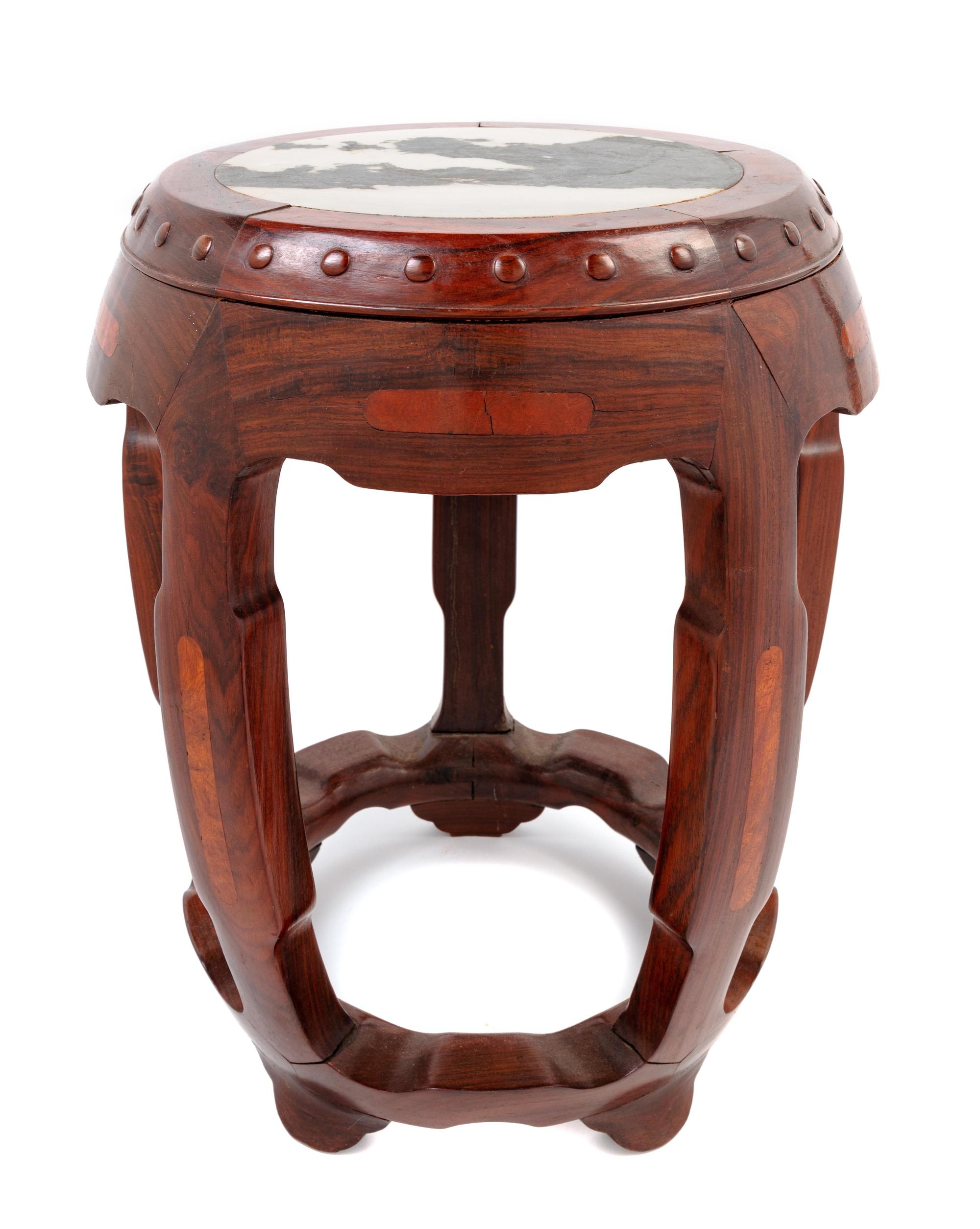 A Marble Inset Rosewood Barrel-Form Stool