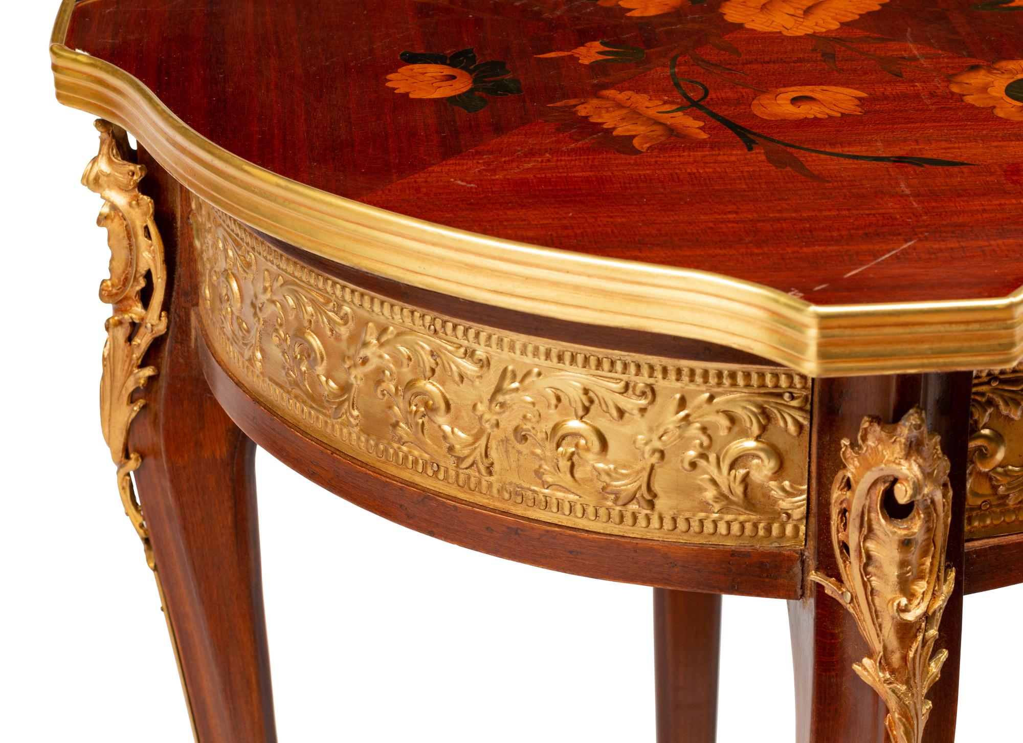 A Pair of Louis XV Style Gilt Metal Mounted Marquetry Tables