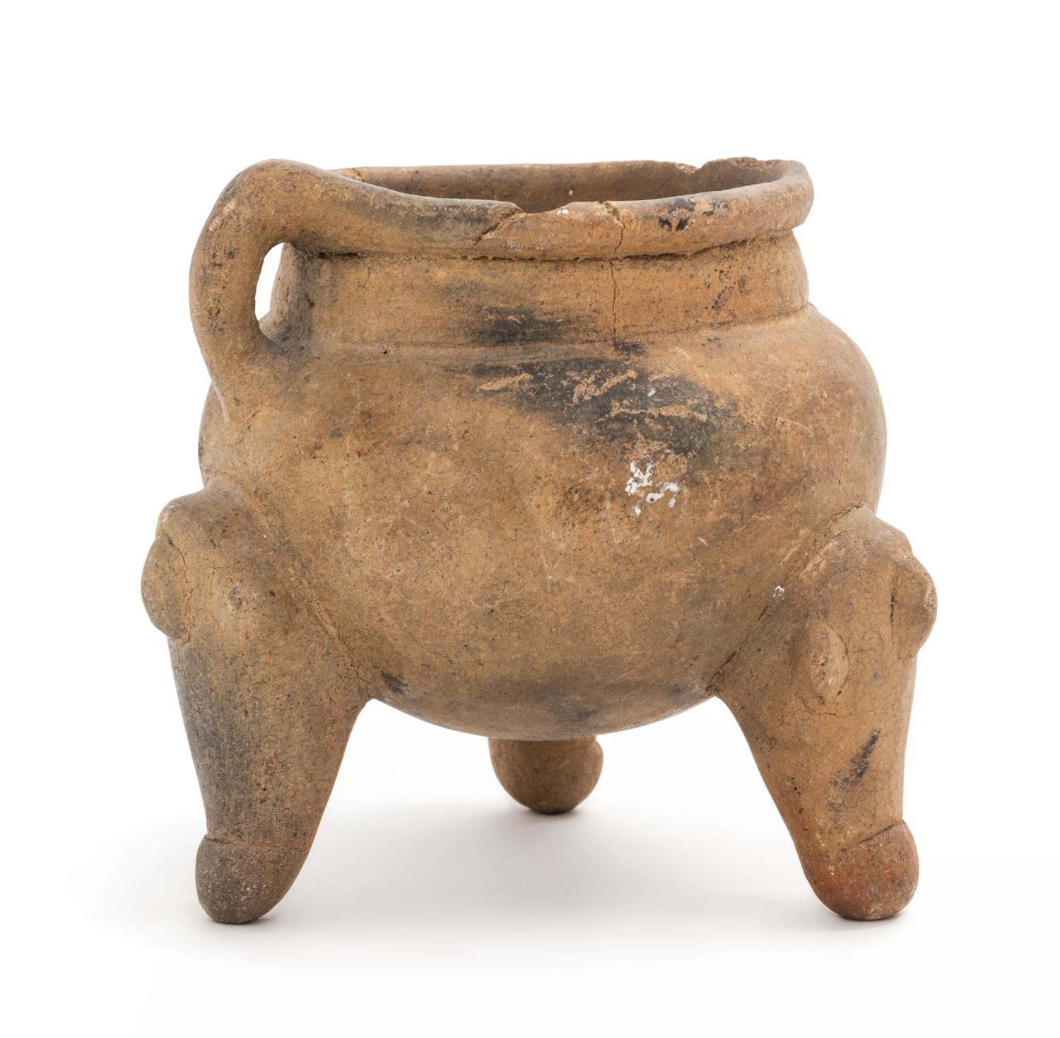 A Pre-Columbian Tripod Pottery Vessel. Height 4 1/4 x diameter 4 1/2 inches.
