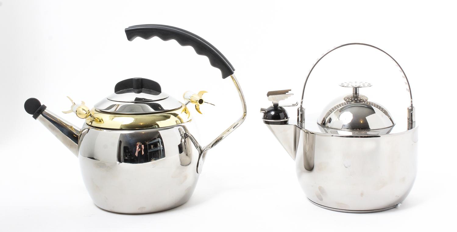 Two Stainless Steel Kettles Height of taller 10 1/4 inches. — VARIOUS MAKERS