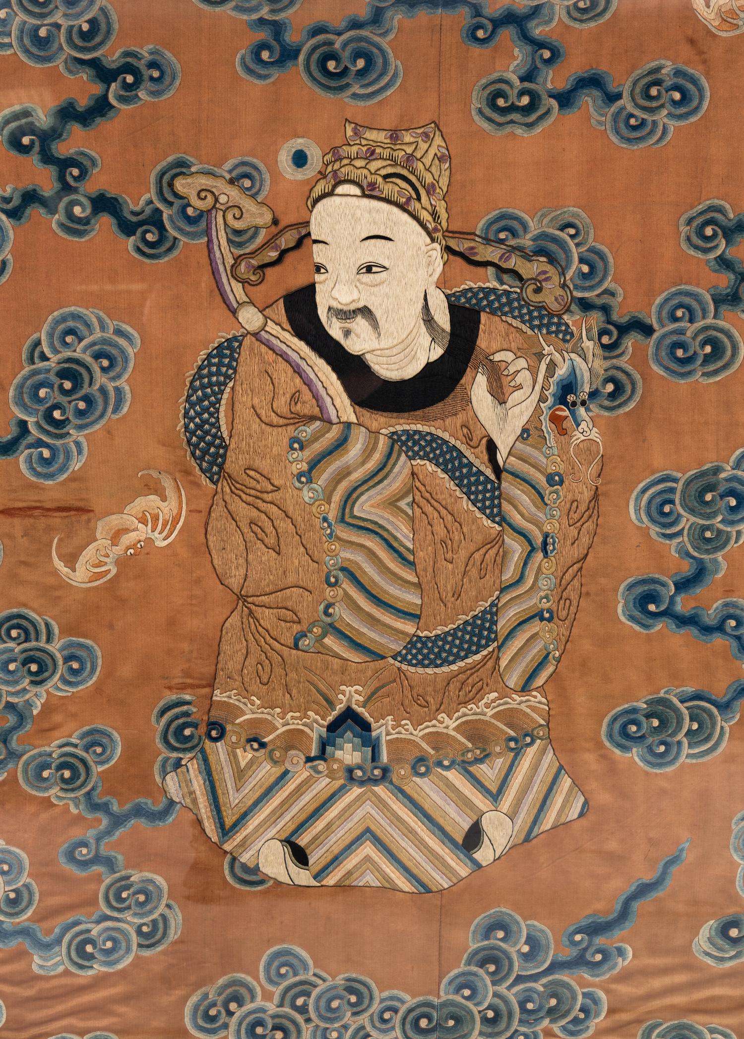 A Pair of Large Chinese Ochre Ground Embroidered Silk 'Immortal' Panels, 18th-19th Century 清中期 杏子地福壽圖大褂屏一對