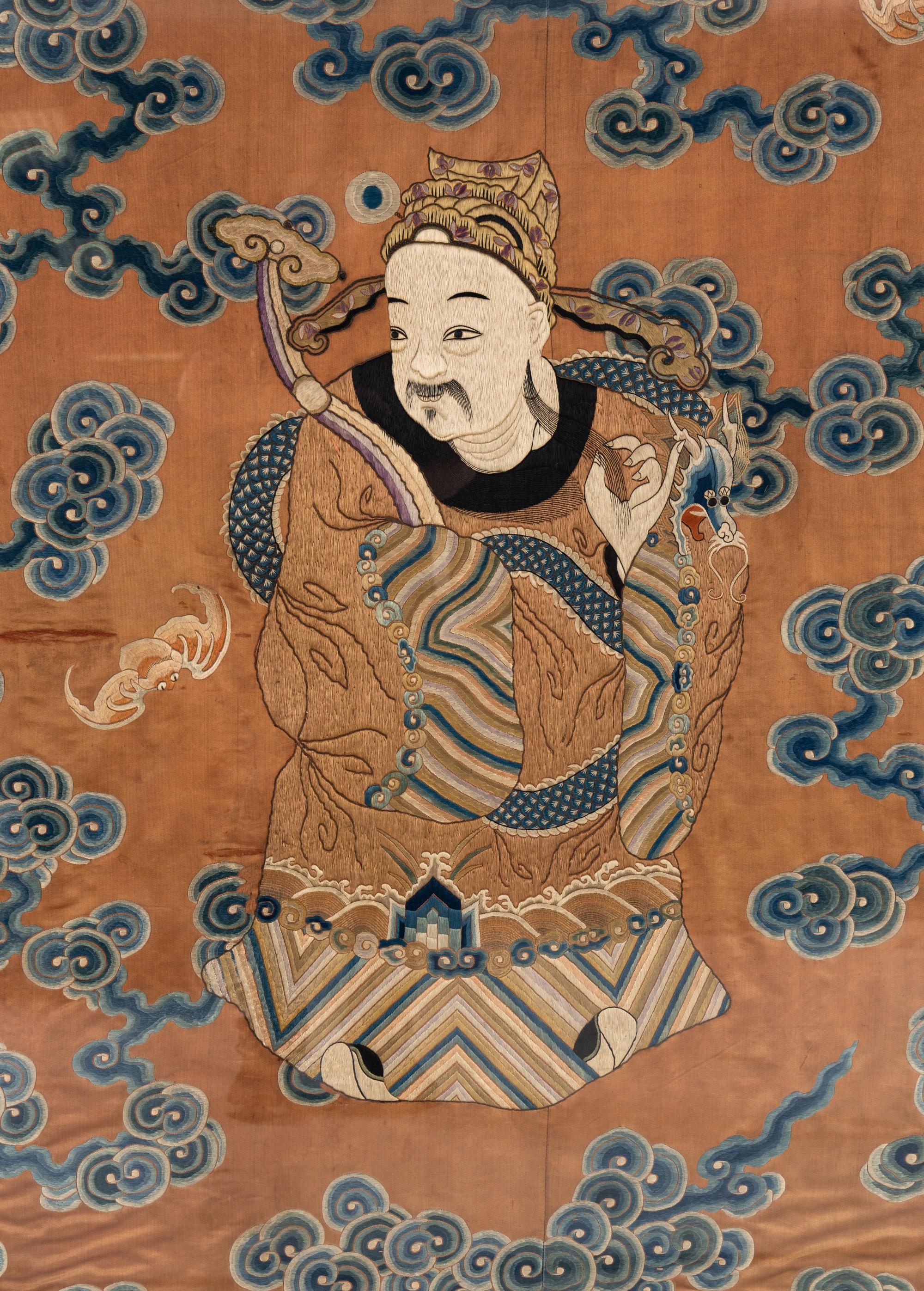 A Pair of Large Chinese Ochre Ground Embroidered Silk 'Immortal' Panels, 18th-19th Century 清中期 杏子地福壽圖大褂屏一對