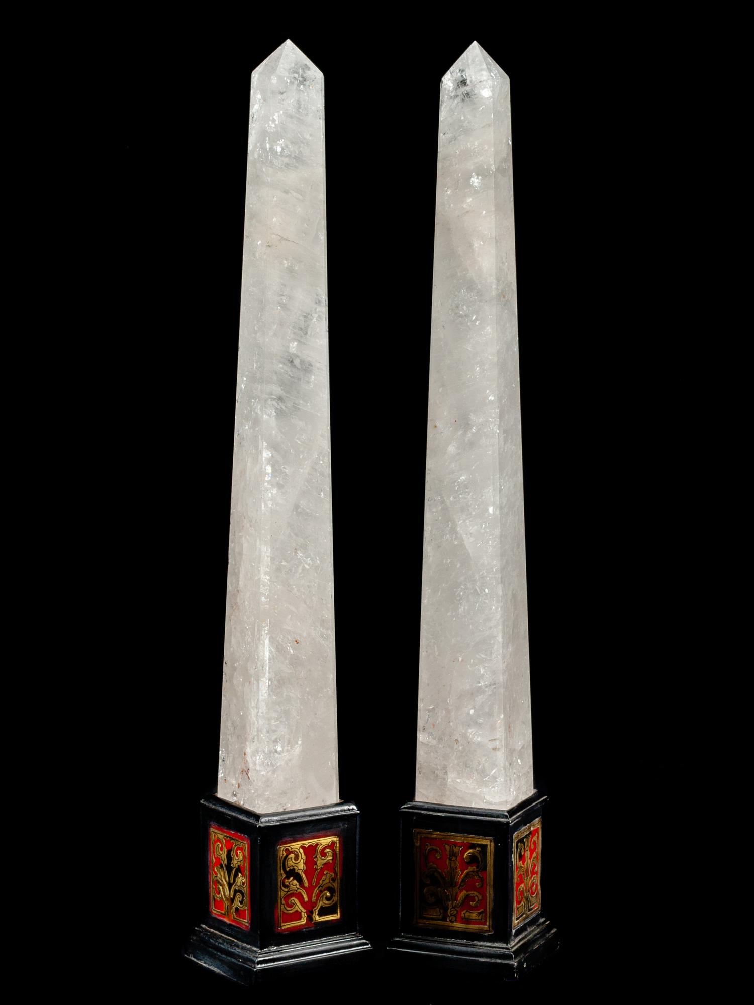 A Pair of Rock Crystal Obelisks with Boulle Marquetry Bases