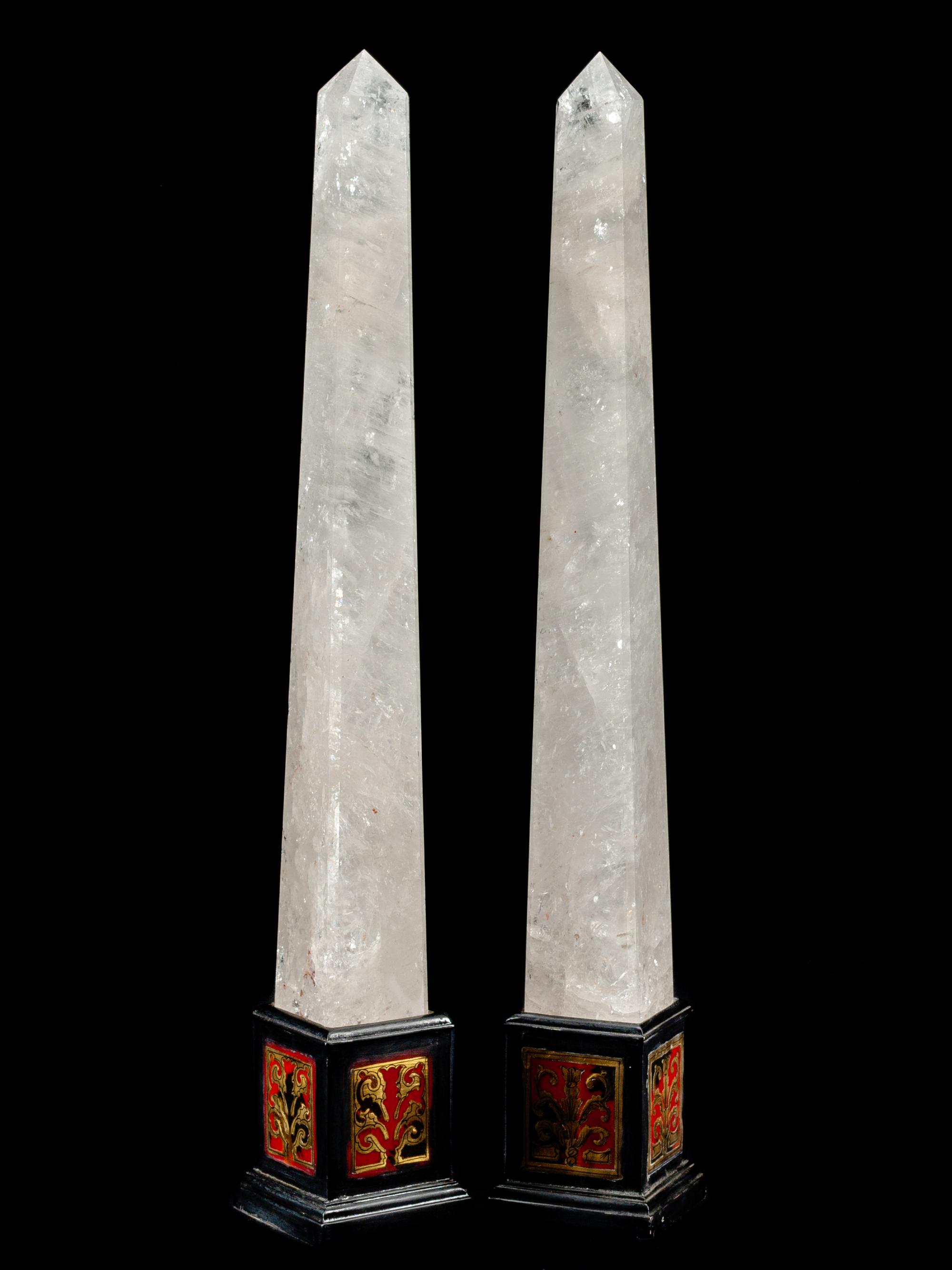 A Pair of Rock Crystal Obelisks with Boulle Marquetry Bases