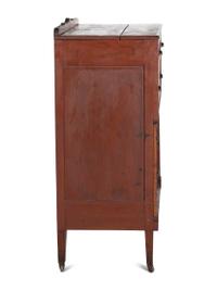 An Ohio Mennonite Red-Stained Cherrywood and Tiger Maple Chest of Drawers