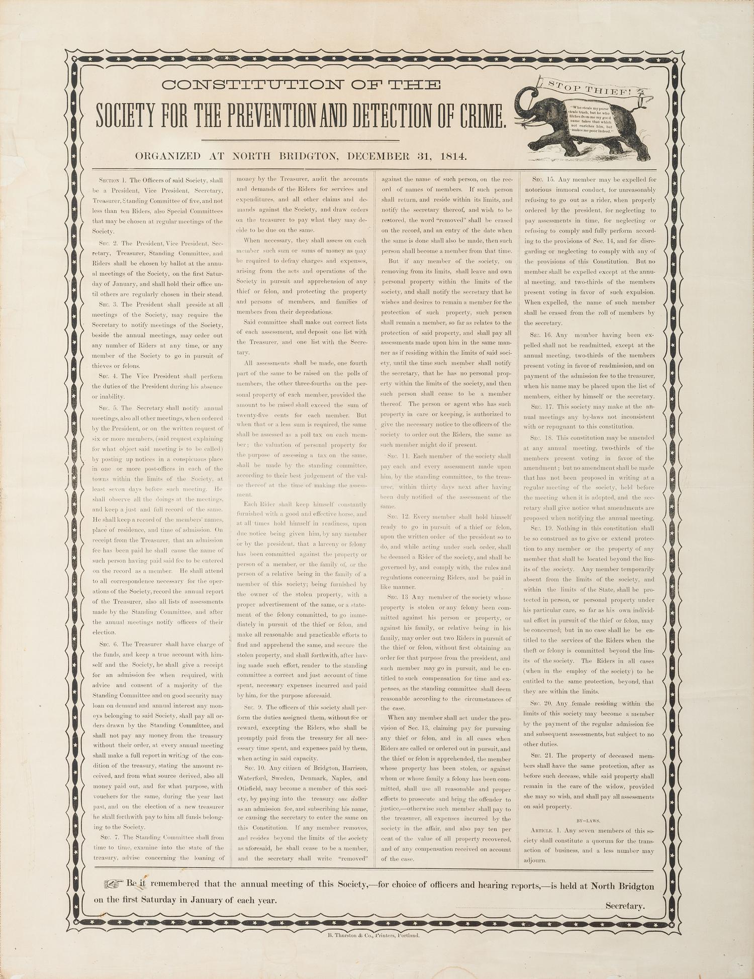 [CRIME & PUNISHMENT]. Constitution of Society for the Prevention and Detection of Crime . Organied at North Bridgton, December 31, 1814. Portland, ME: B. Thurston & Co., [second half of the 19th century].