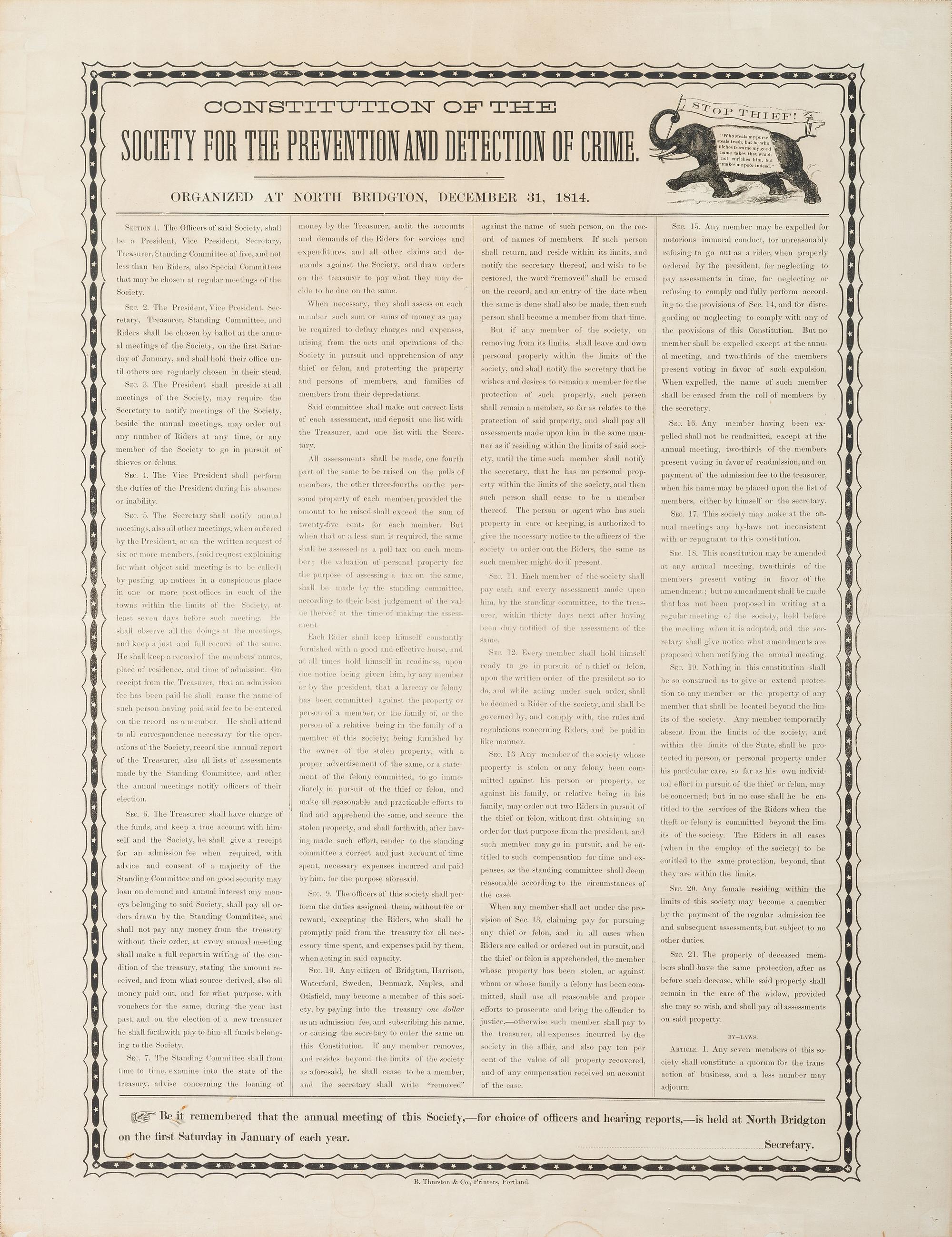 [CRIME & PUNISHMENT]. Constitution of Society for the Prevention and Detection of Crime . Organied at North Bridgton, December 31, 1814. Portland, ME: B. Thurston & Co., [second half of the 19th century].