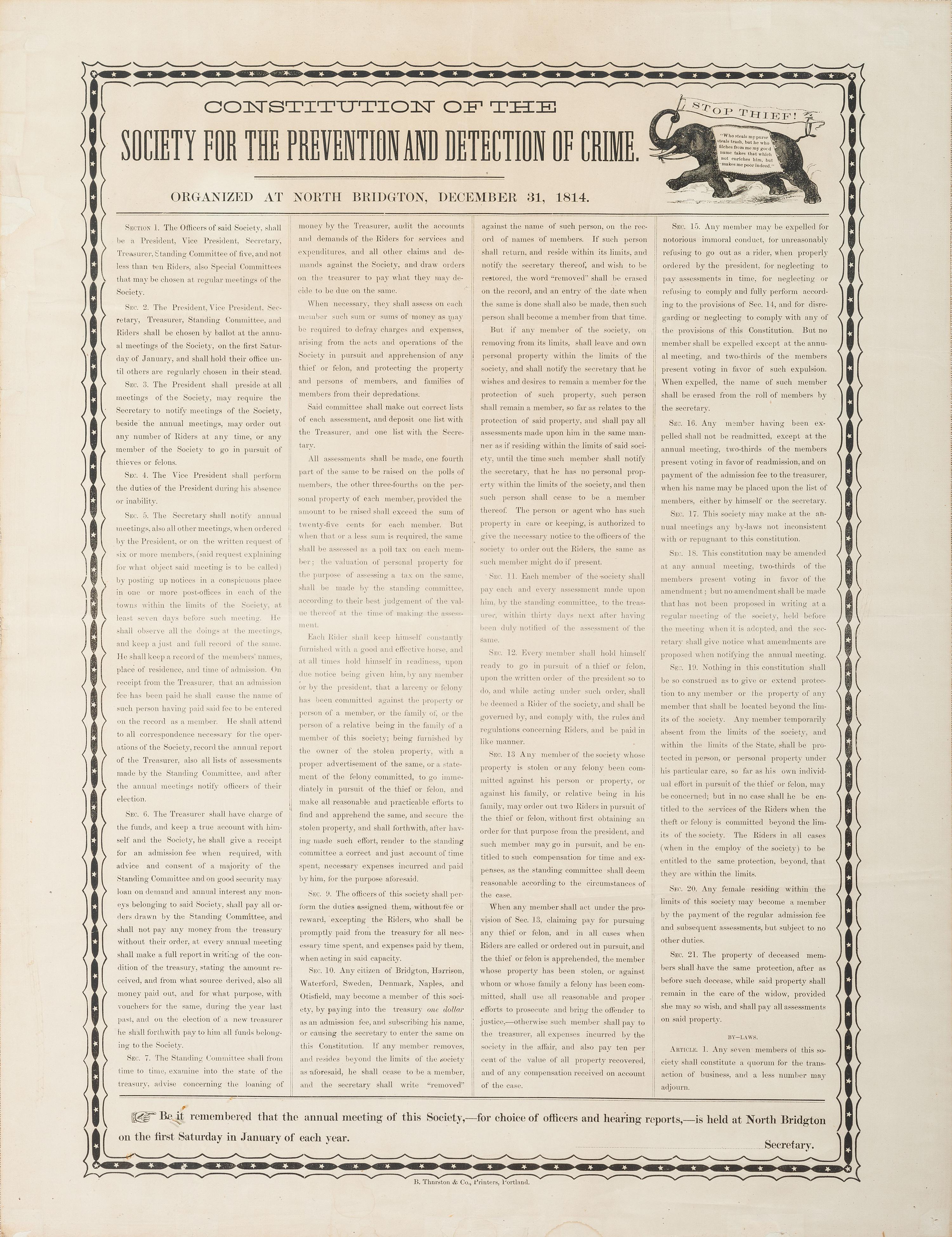 [CRIME & PUNISHMENT]. Constitution of Society for the Prevention and Detection of Crime . Organied at North Bridgton, December 31, 1814. Portland, ME: B. Thurston & Co., [second half of the 19th century].