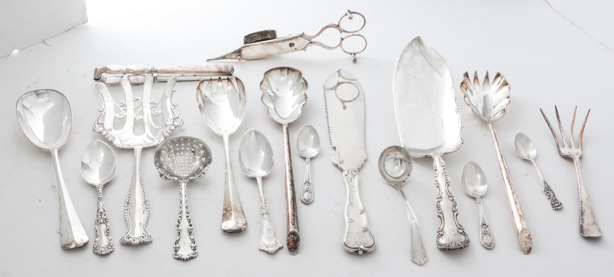 A Group of Silver and Silver-Plate Flatware, various makers, comprising 13 teaspoons 15 demitasse spoons 3 salad serving sets 3 sugar t