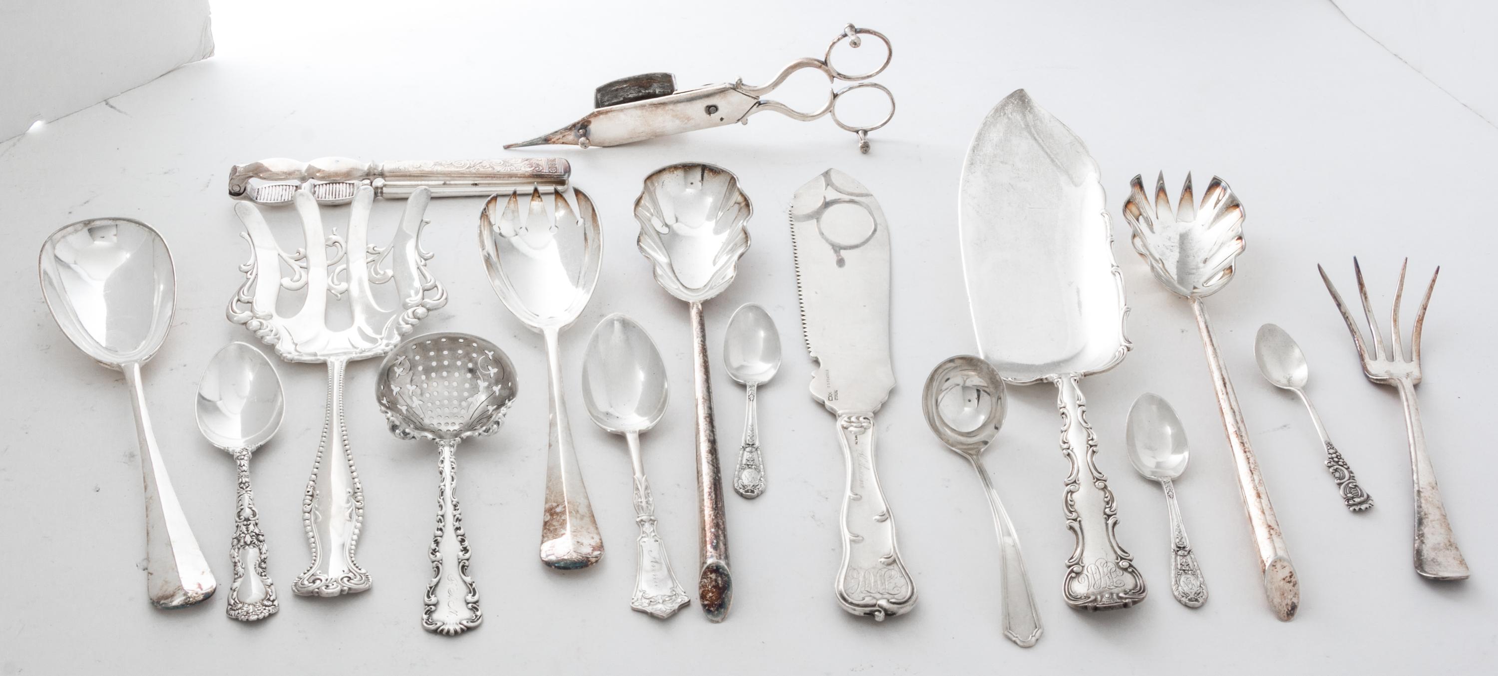 A Group of Silver and Silver-Plate Flatware, various makers, comprising 13 teaspoons 15 demitasse spoons 3 salad serving sets 3 sugar t