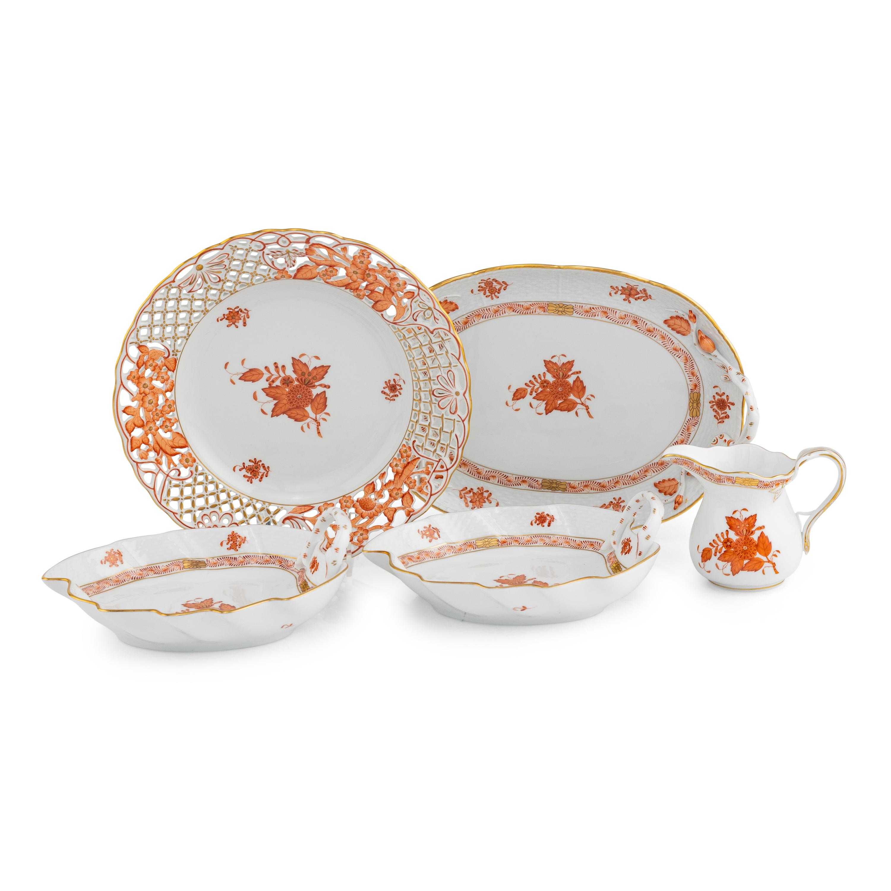 A Group of Five Herend Chinese Bouquet Rust Porcelain Table Articles