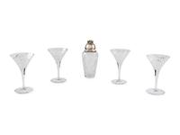 A Fabergé Cut Glass and Silver-Plate Mounted Cocktail Shaker and Four Glasses