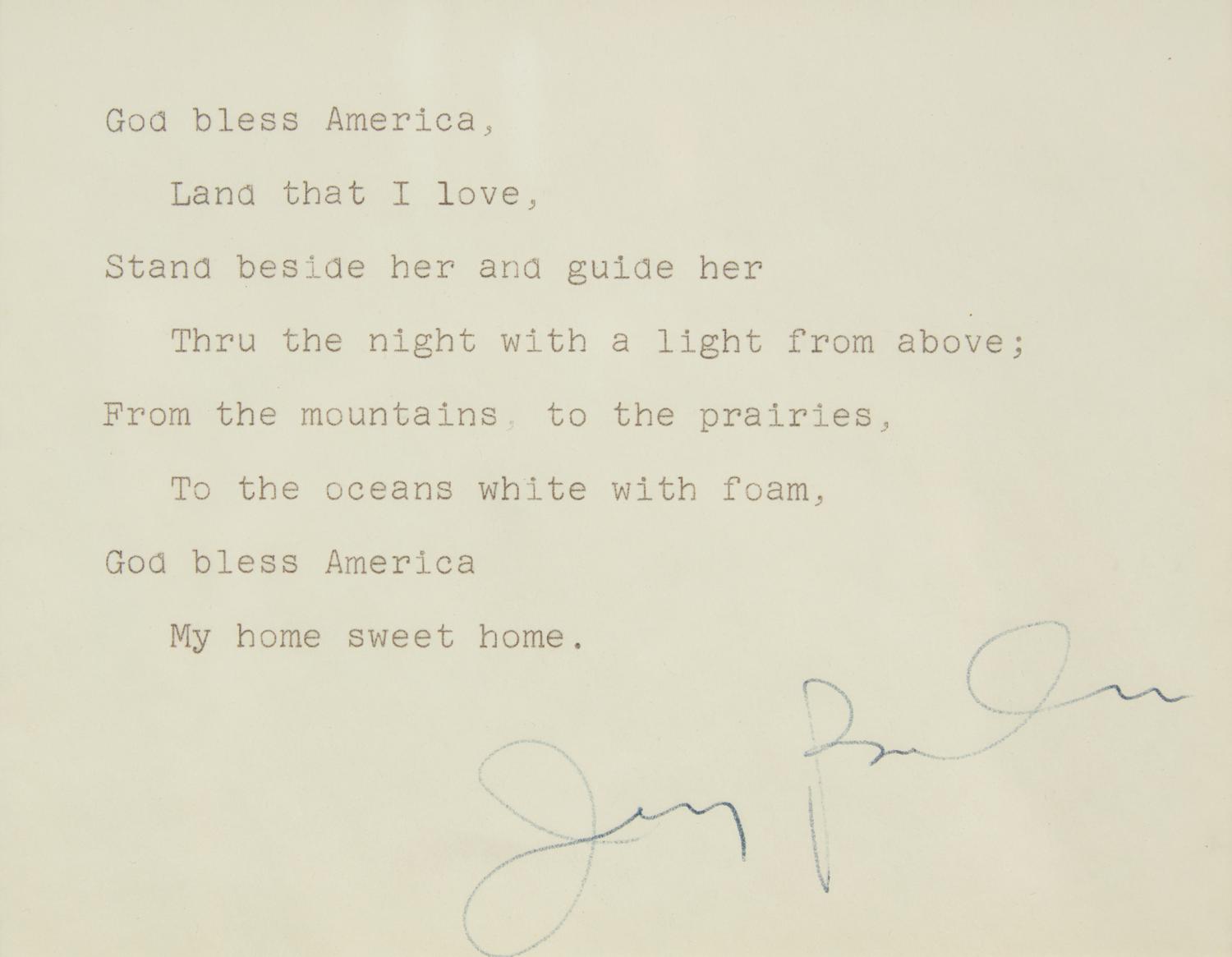 [Americana] Howe, Julia Ward, Irving Berlin, John Philip Sousa, Samuel F. Smith, and George F. Root. Display of Signed Patriotic Song Lyrics