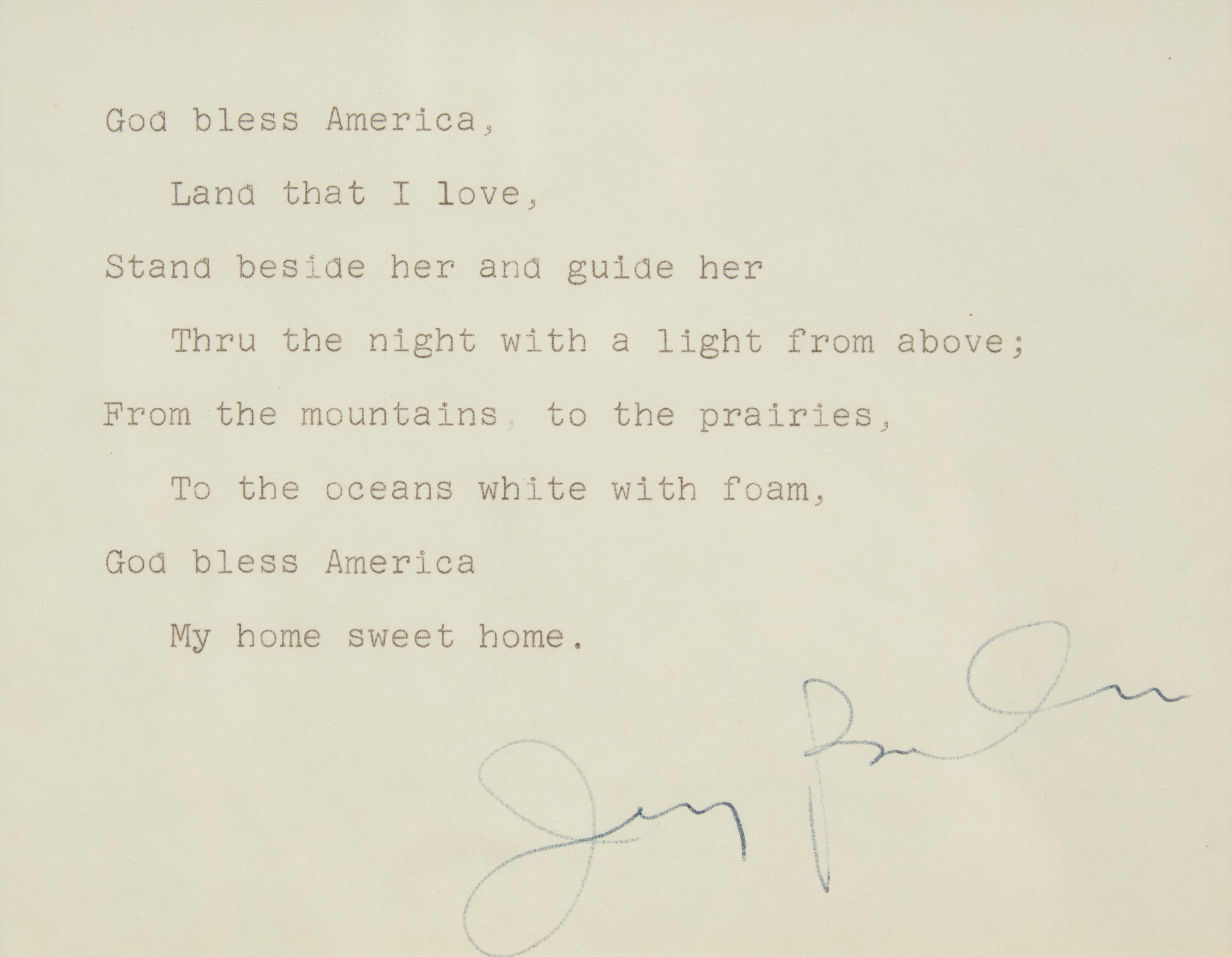[Americana] Howe, Julia Ward, Irving Berlin, John Philip Sousa, Samuel F. Smith, and George F. Root. Display of Signed Patriotic Song Lyrics