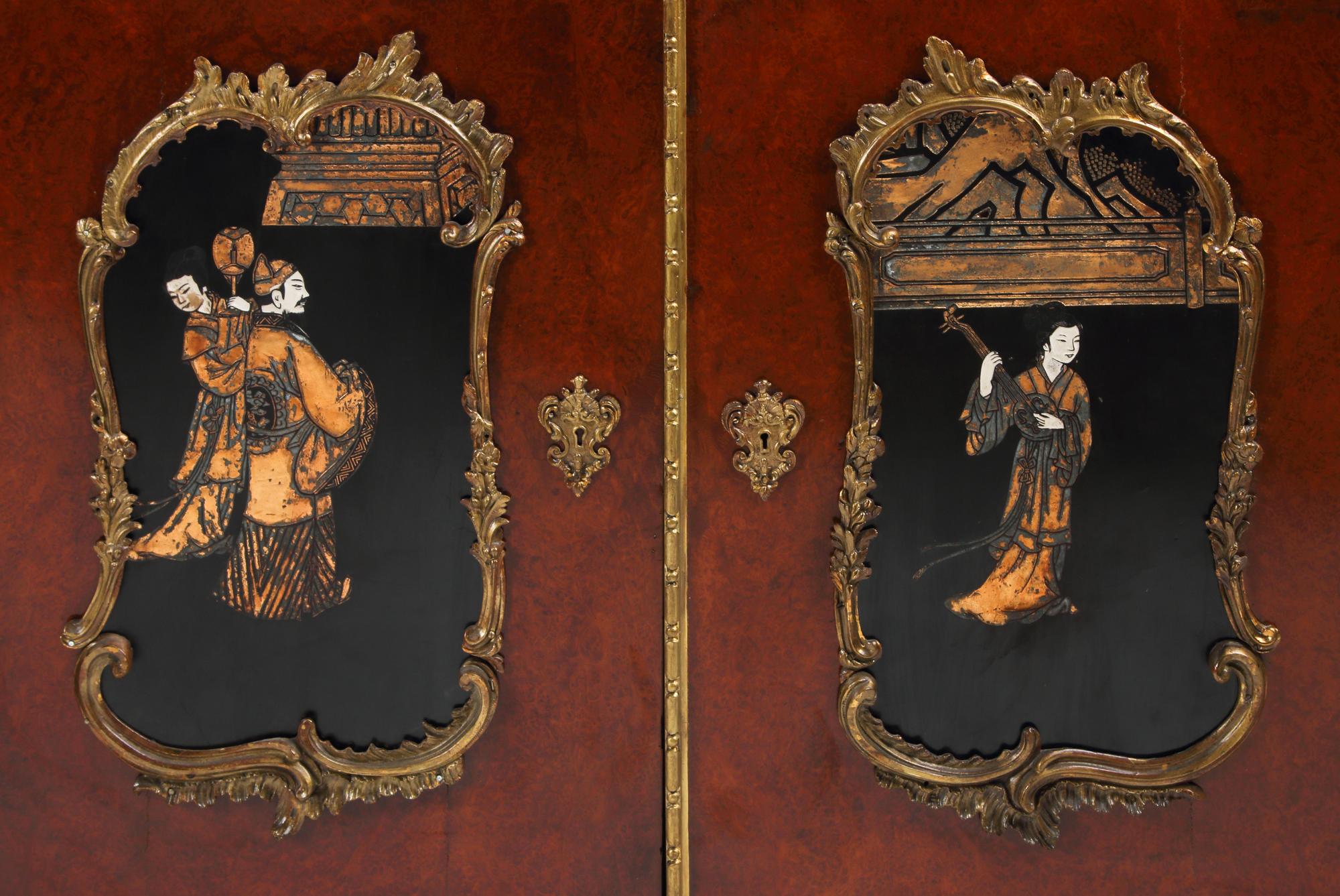 A Pair of Louis XV Style Burl Walnut Lacquer-Inset and Gilt Bronze Mounted Cabinets