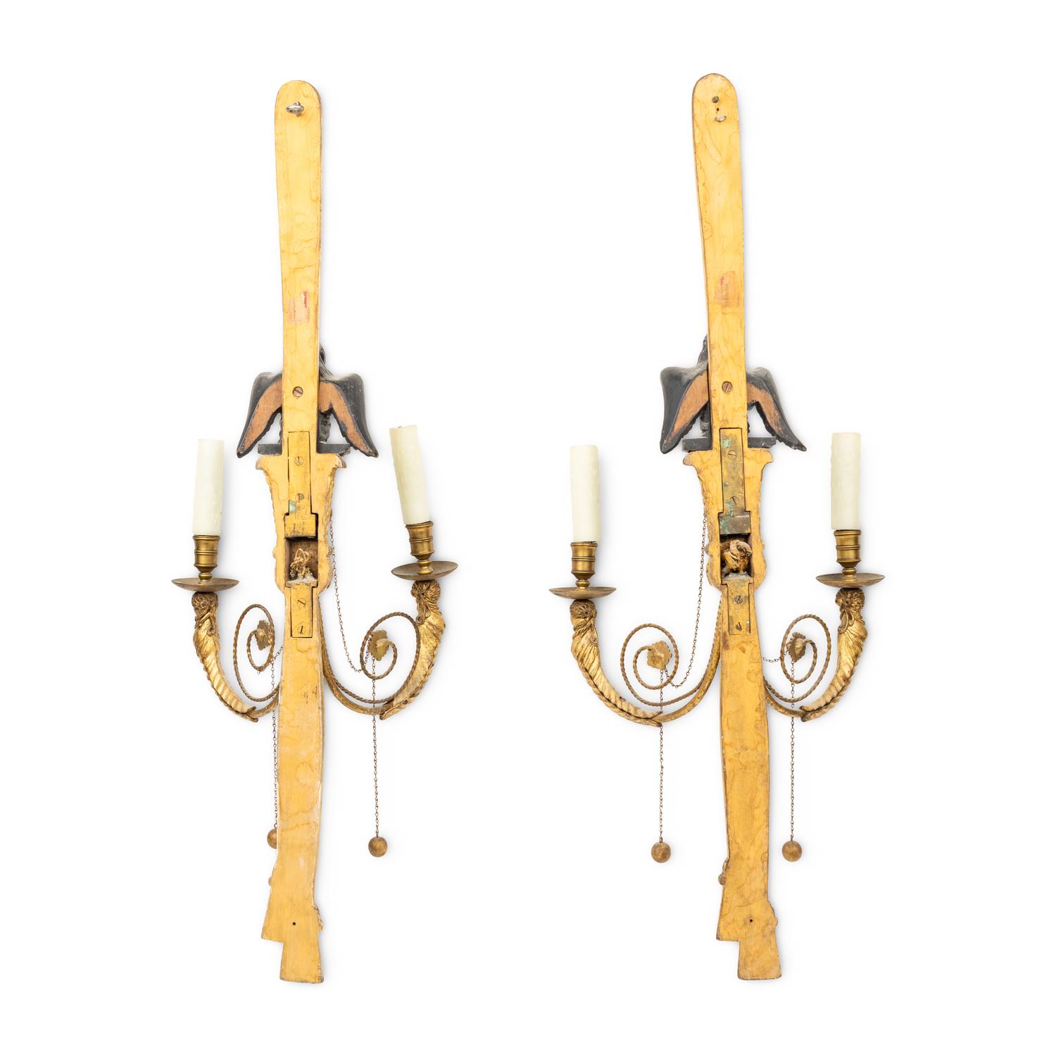 A Pair of Giltwood, Bronze and Brass Eagle Form Wall Lights