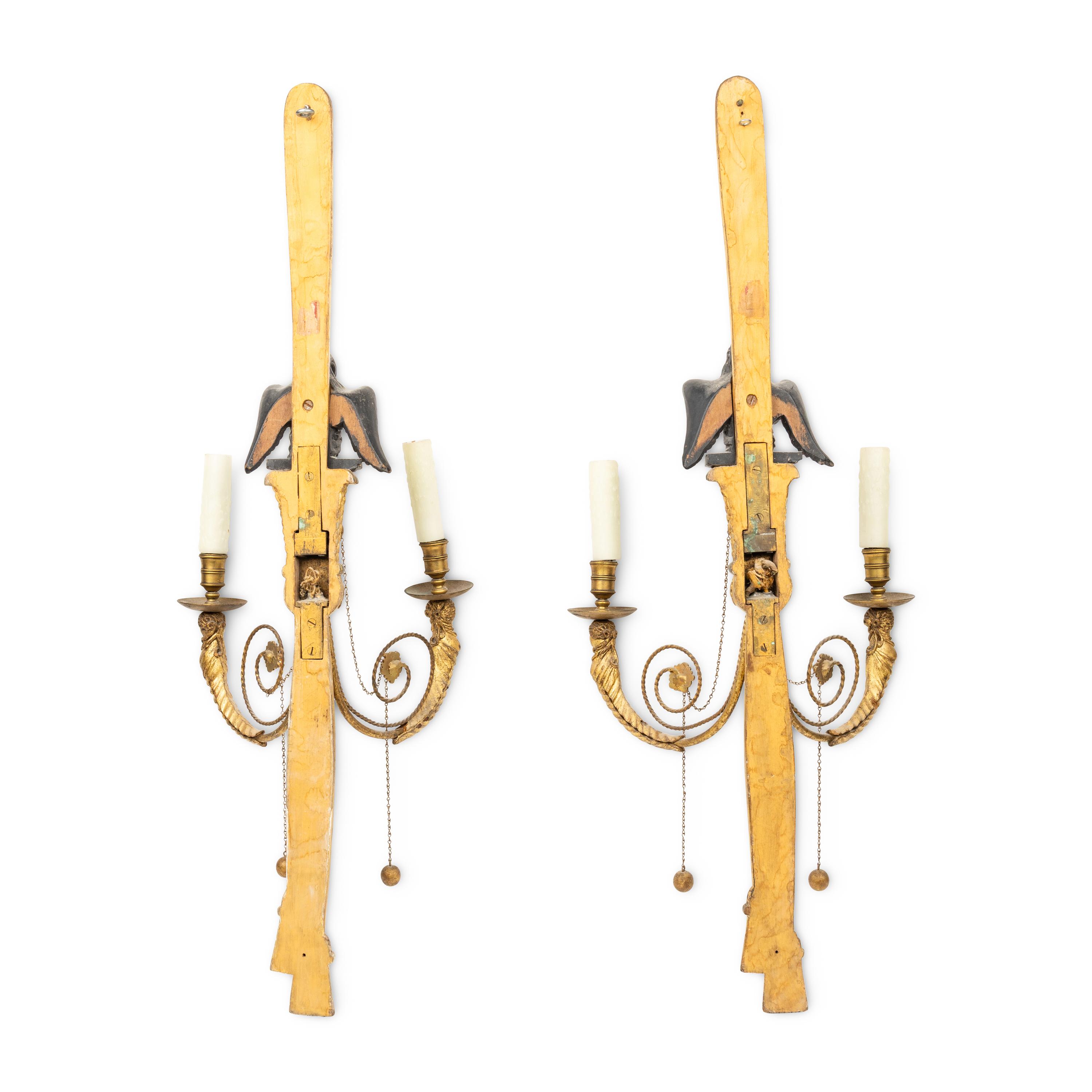 A Pair of Giltwood, Bronze and Brass Eagle Form Wall Lights