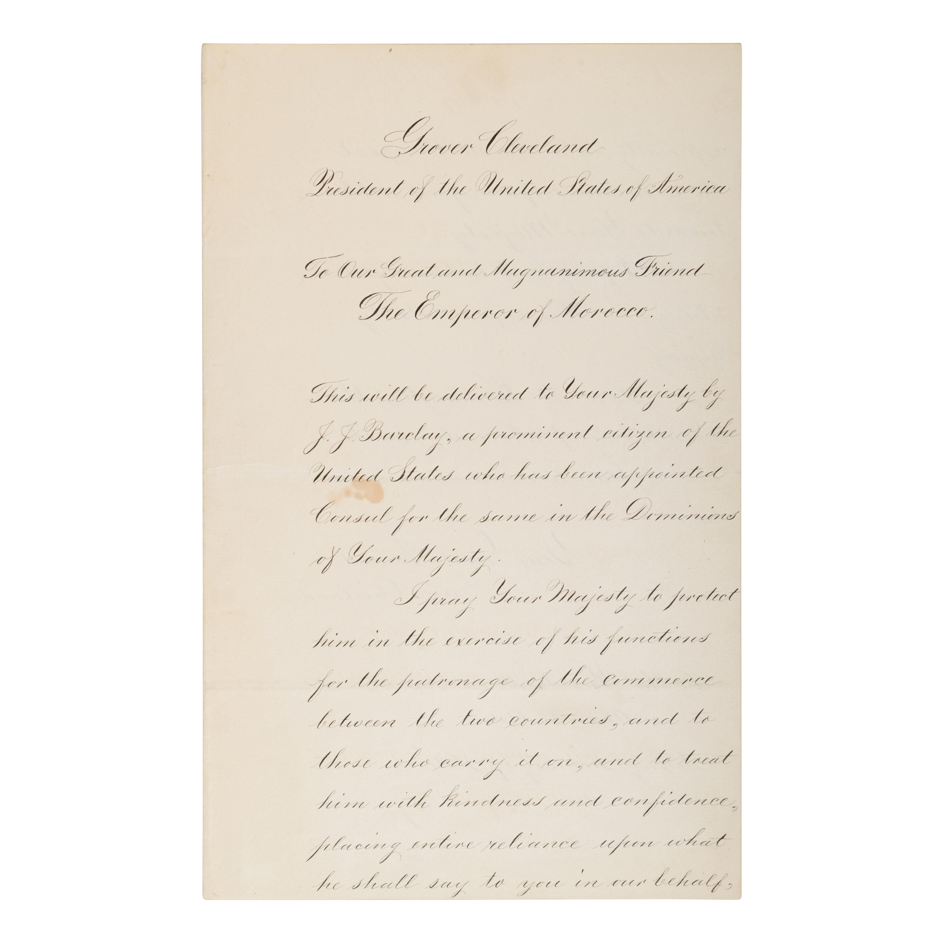Cleveland, Grover (1837-1908). A pair of documents related to Morocco, comprising: