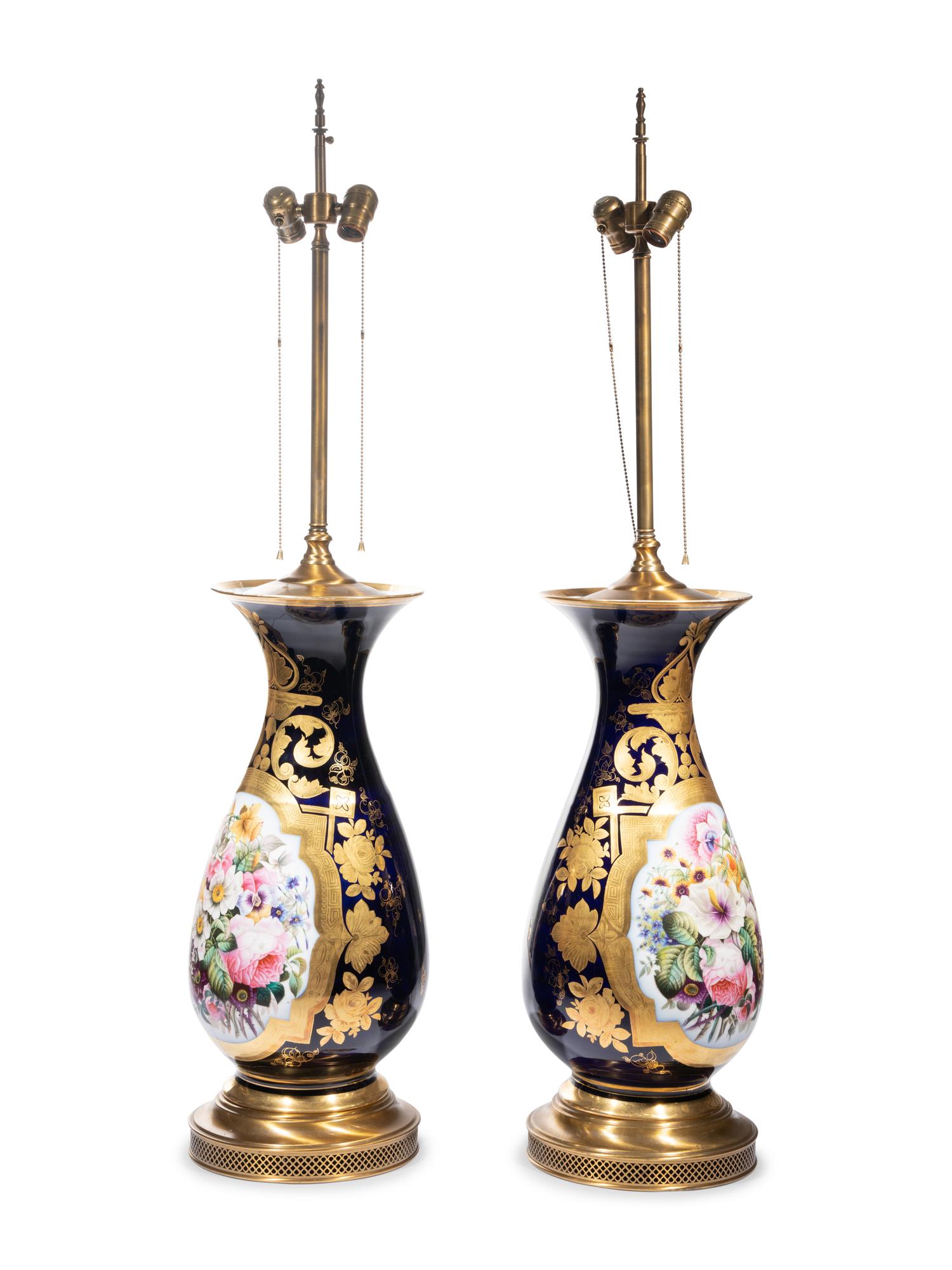 A Pair of Sèvres Style Porcelain Vases Mounted as Lamps