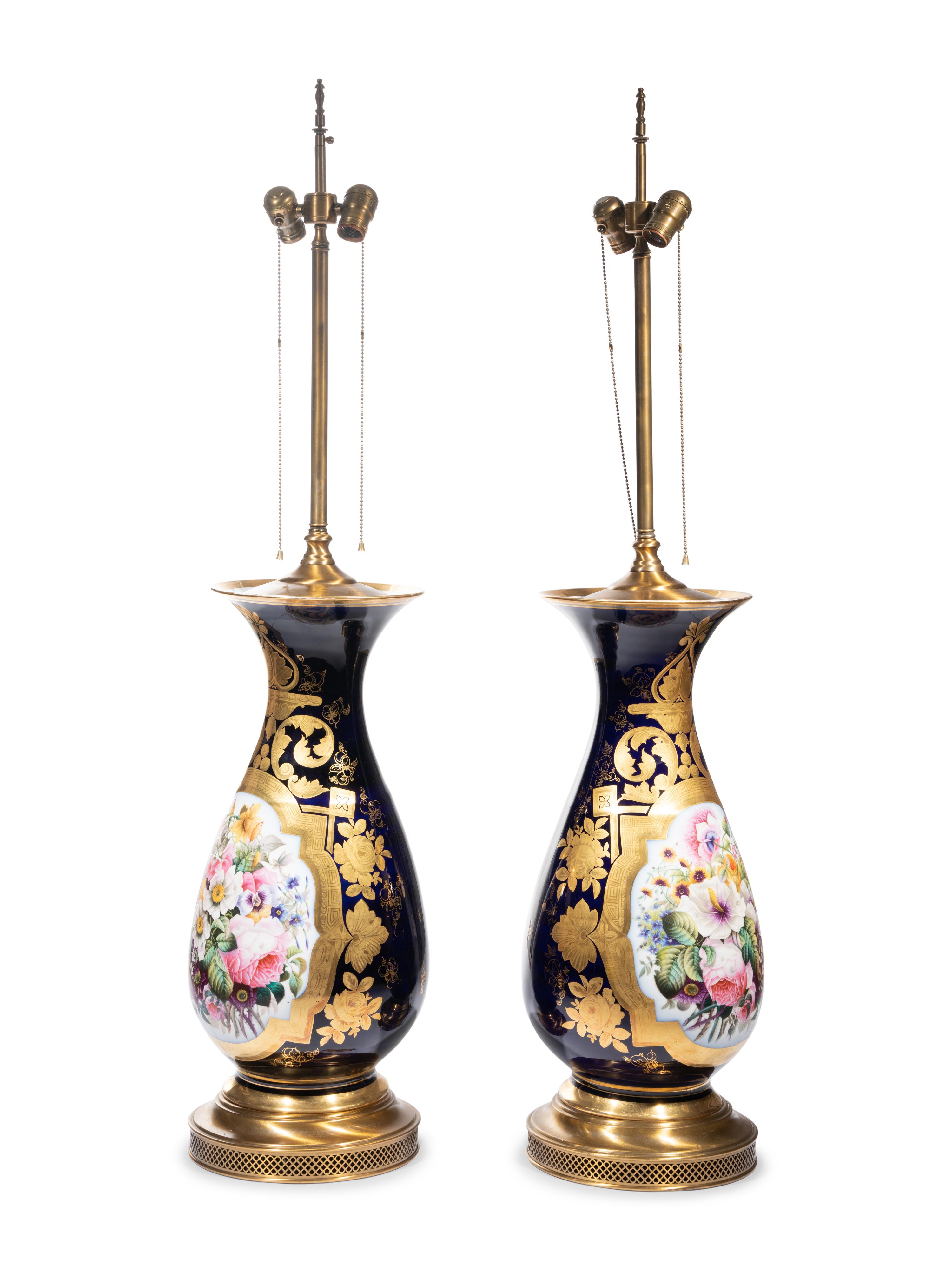 A Pair of Sèvres Style Porcelain Vases Mounted as Lamps