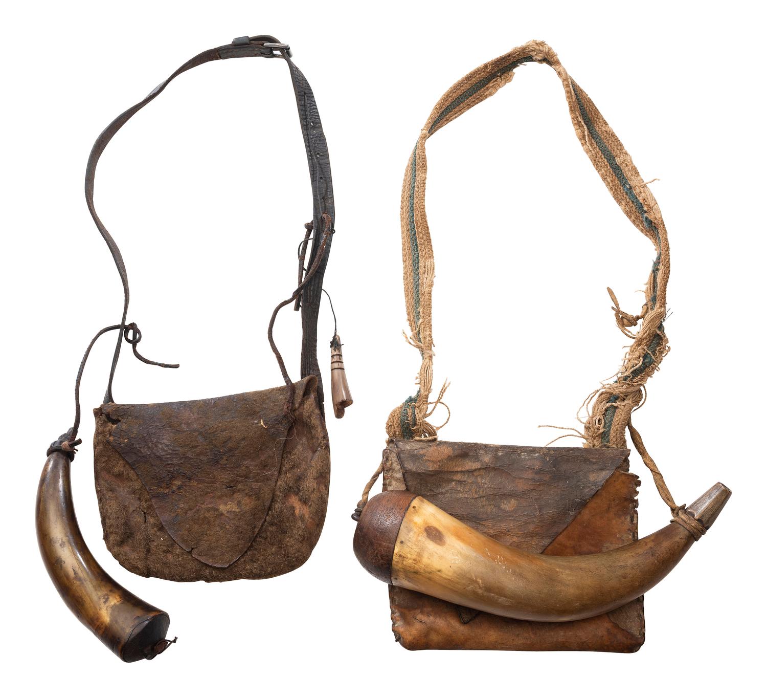[HUNTING]. A group of 18th-early 19th-century hunting bags and powder horns.