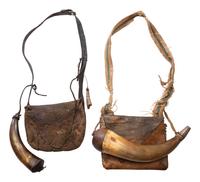 [HUNTING]. A group of 18th-early 19th-century hunting bags and powder horns.