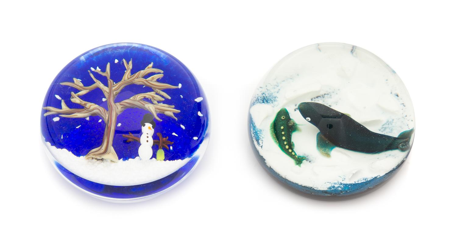 Two Glass Paperweights Diameter of first 3 inches