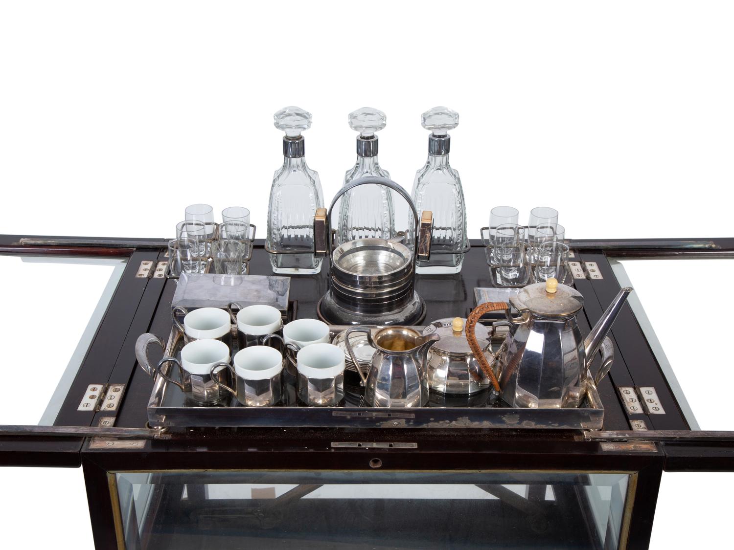 A Regency Revival Fruitwood, Silvered Metal and Glazed Pop-Up Bar Cart — 20TH CENTURY