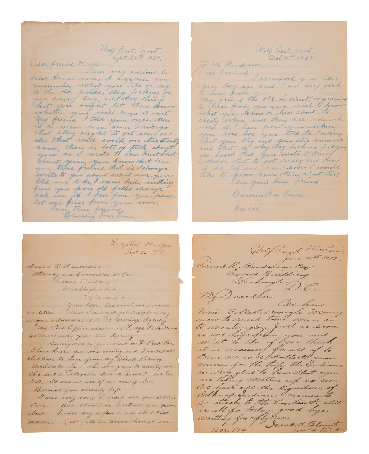 [NATIVE AMERICANS] -- [HENDERSON, Daniel B. (1862-1940)]. An archive of letters and documents mostly related to Henderson's work representing Native American interests of tribes near Fort Peck and Fort Belknap, Montana, including: