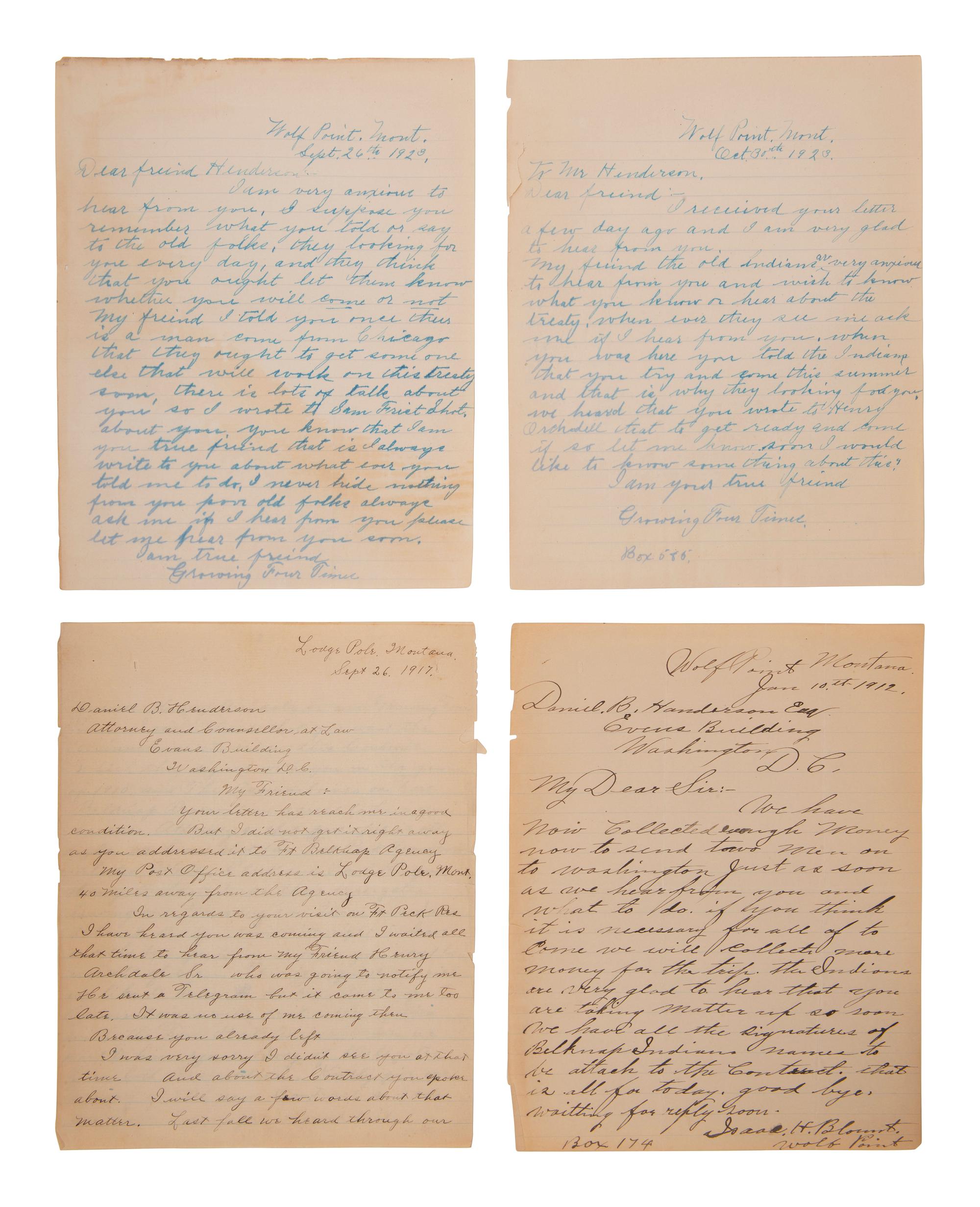 [NATIVE AMERICANS] -- [HENDERSON, Daniel B. (1862-1940)]. An archive of letters and documents mostly related to Henderson's work representing Native American interests of tribes near Fort Peck and Fort Belknap, Montana, including: