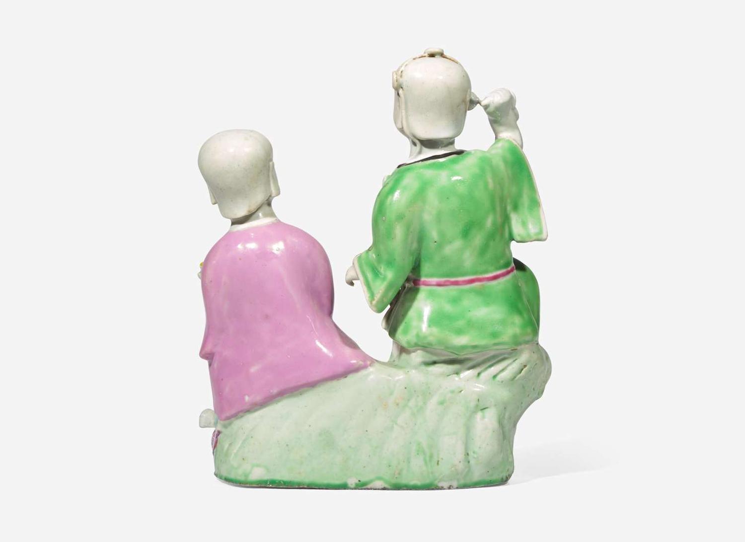 A Chinese famille rose-enameled "Hehe Erxian" figural group Qianlong/Jiaqing period 粉彩和合二仙瓷塑 清 乾隆或嘉慶